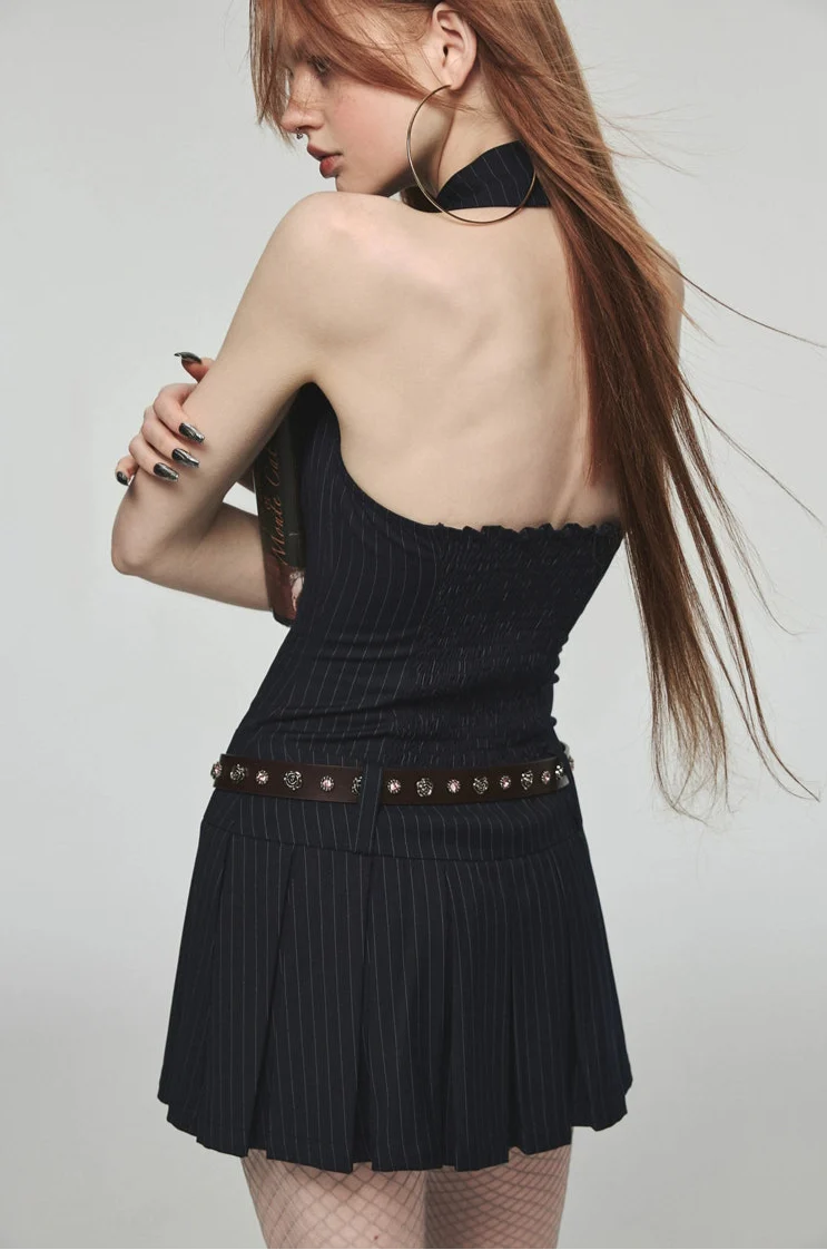 Halter Neck Stripe Button Pleated Mini Dress with Belt Loops