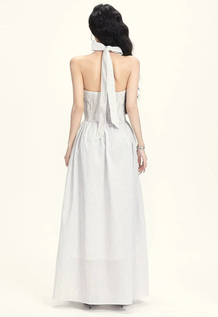 Striped Halter Neck Maxi Dress with Bow Tie Detail