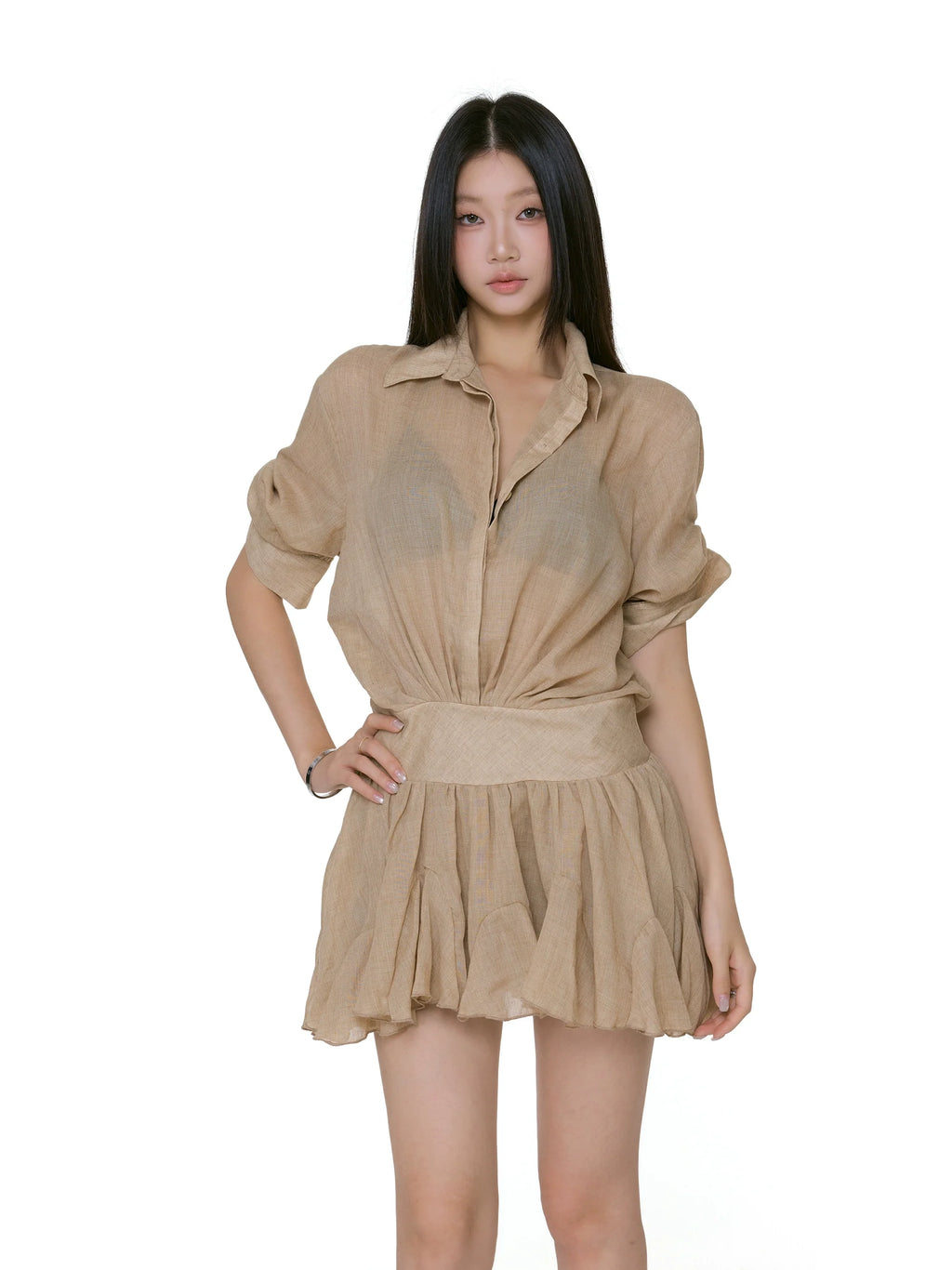 Collared Mini Shirt Dress with Gathered Waist and Flared Hem