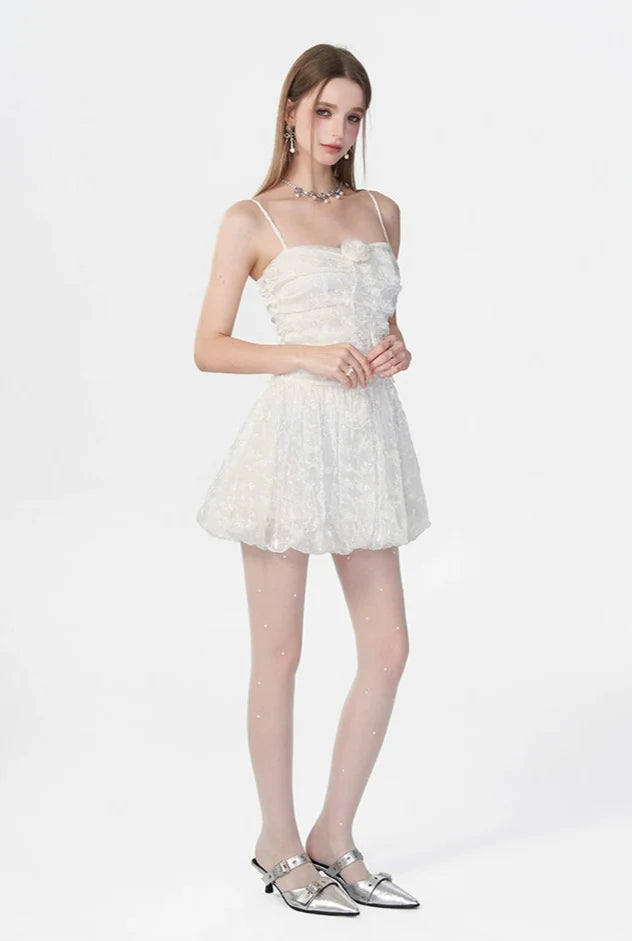 Spaghetti Strap Ruched Floral Lace Mini Dress