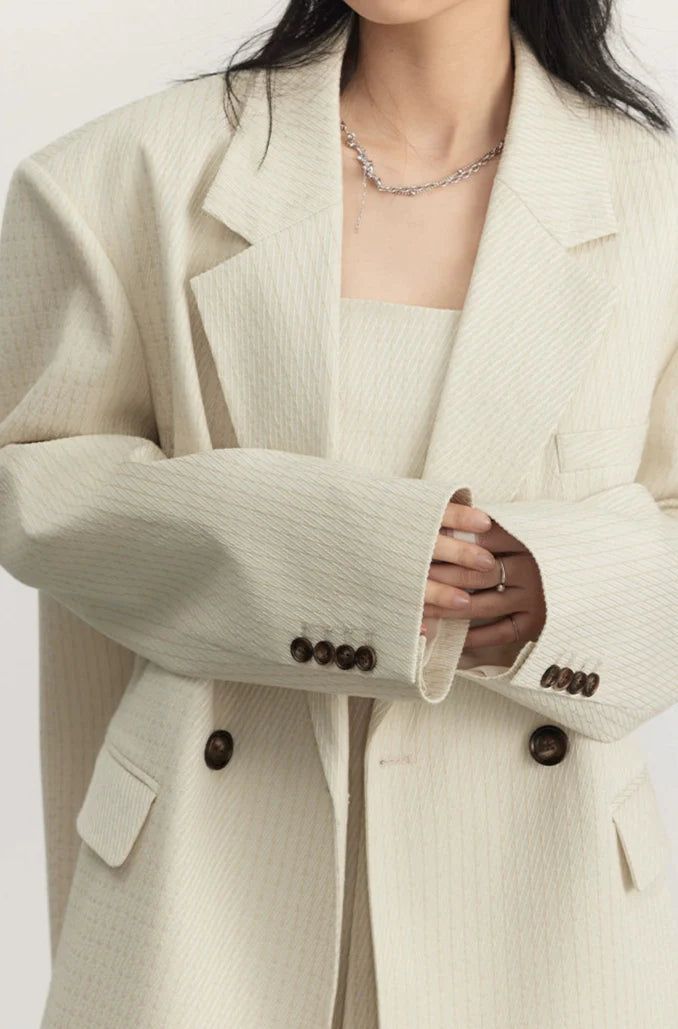 Pinstripe Texture Oversized Blazer and Pleated Dress Set