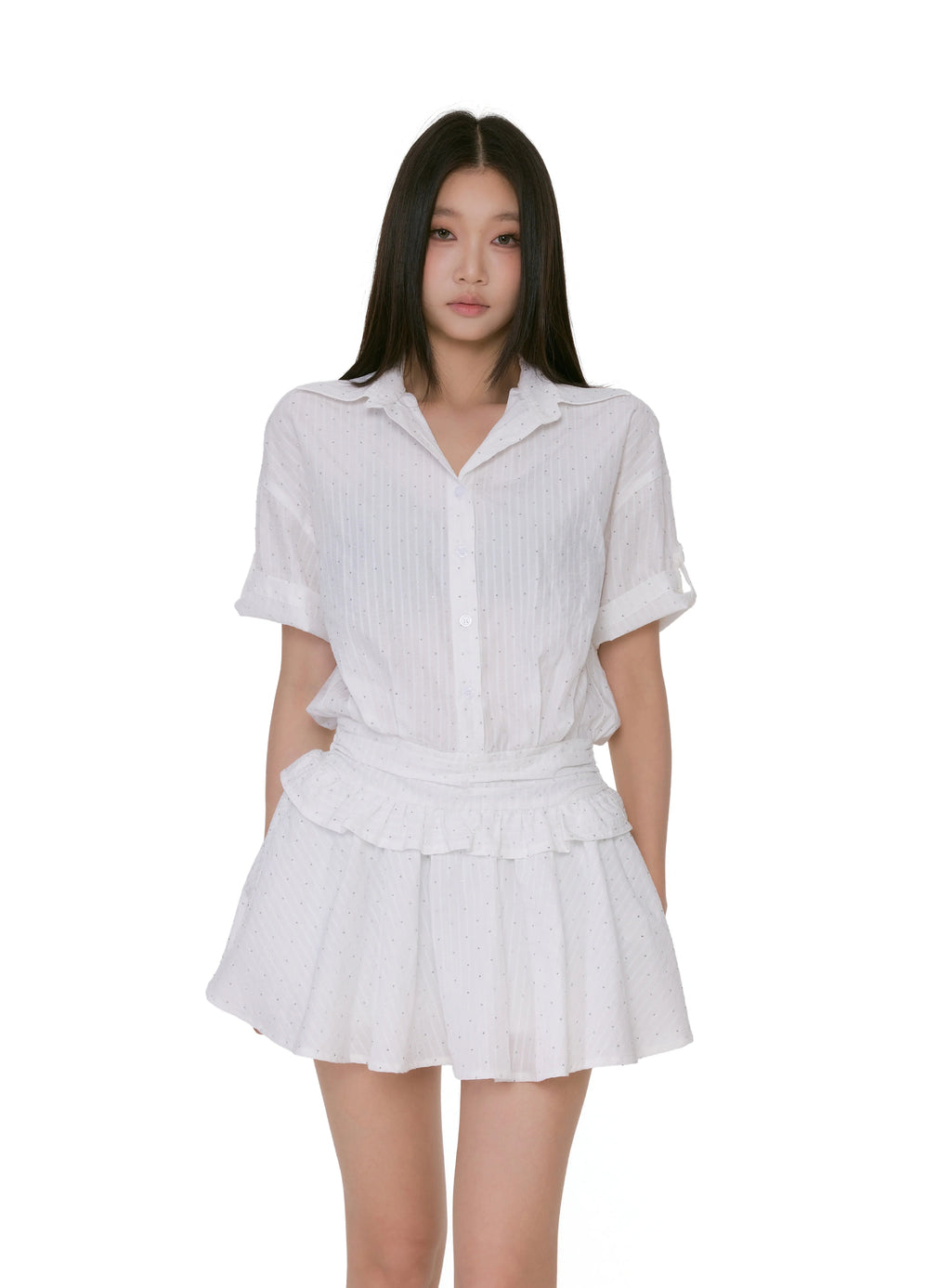 Textured Button-Up Mini Dress Shirt With Ruffle Trim
