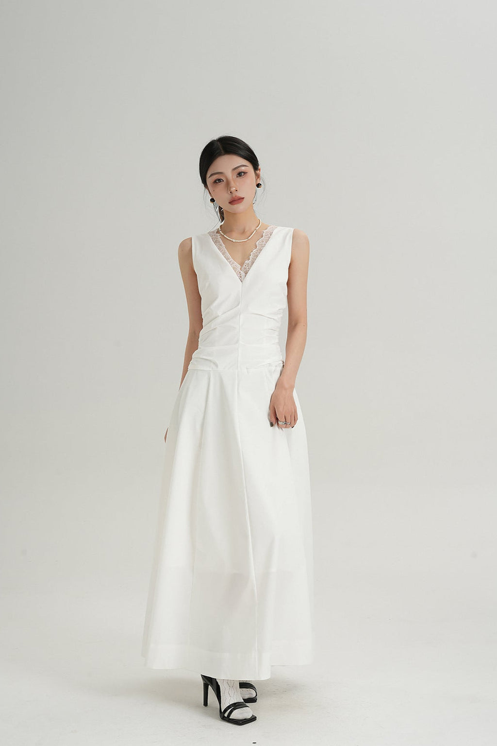 Sleeveless V-Neck Maxi Dress with Lace Back and Ruched Waist