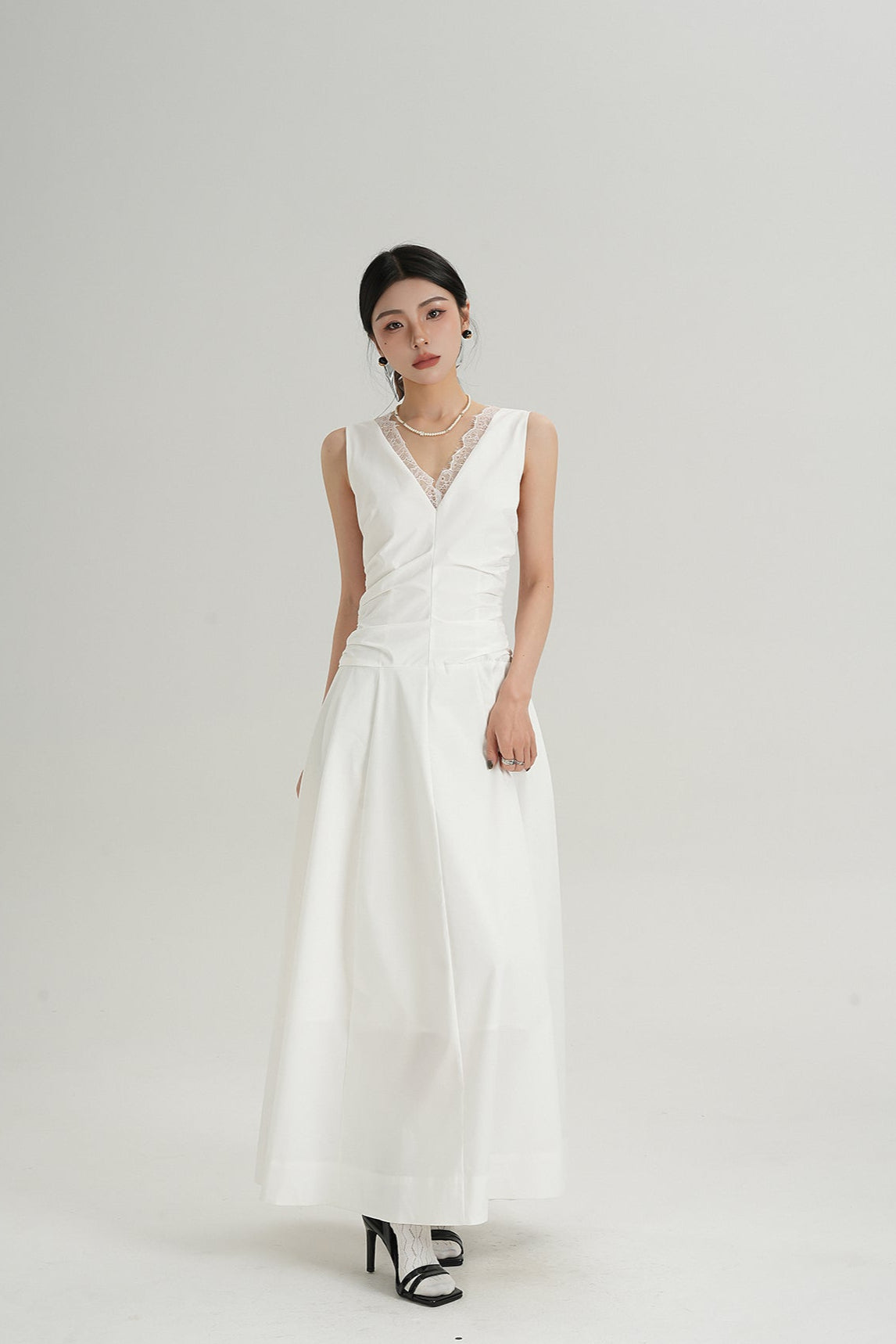 Sleeveless V-Neck Maxi Dress with Lace Back and Ruched Waist