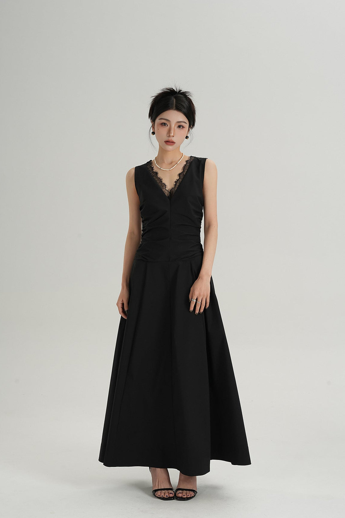 Sleeveless V-Neck Maxi Dress with Lace Back and Ruched Waist
