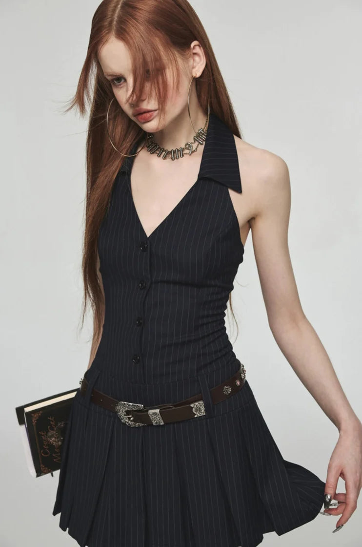 Halter Neck Stripe Button Pleated Mini Dress with Belt Loops
