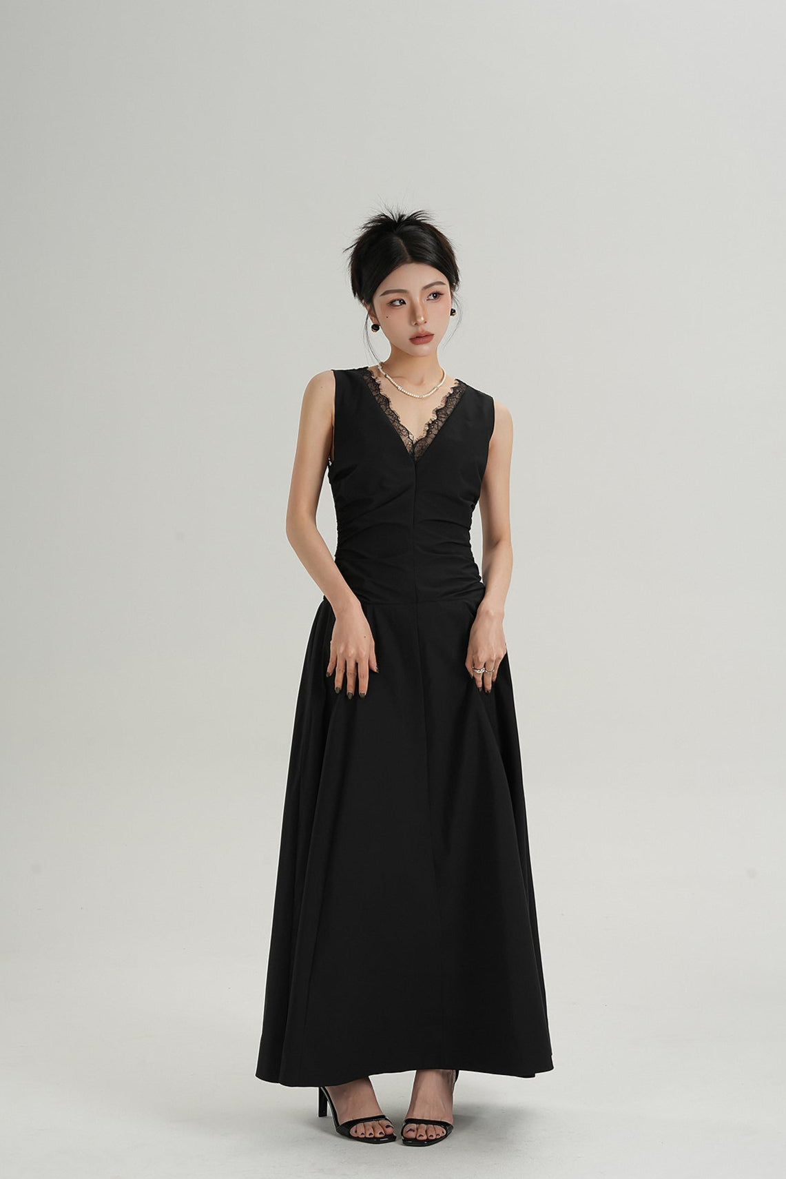 Sleeveless V-Neck Maxi Dress with Lace Back and Ruched Waist