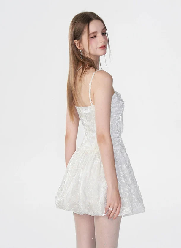 Spaghetti Strap Ruched Floral Lace Mini Dress