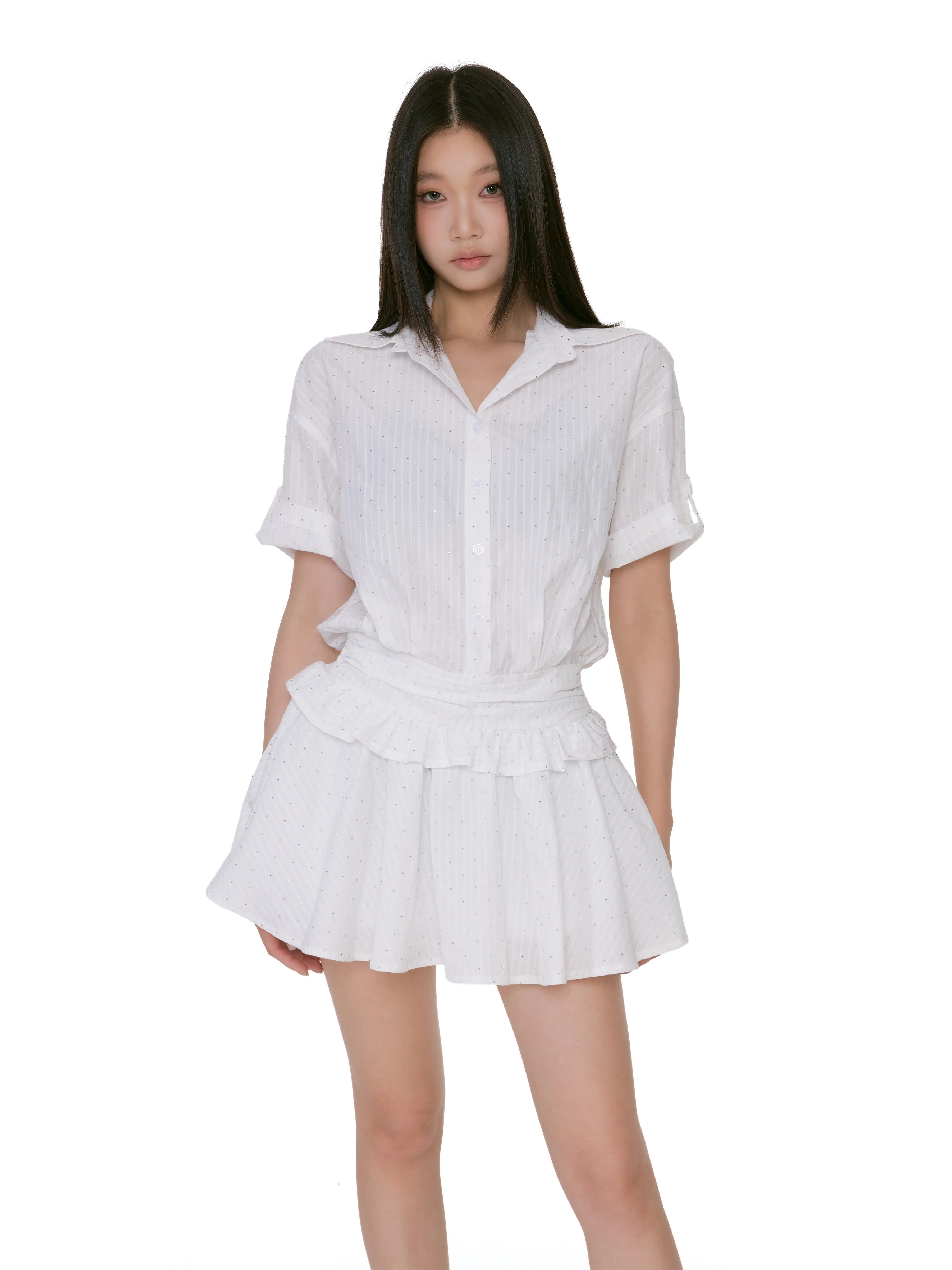 Textured Button-Up Mini Dress Shirt With Ruffle Trim