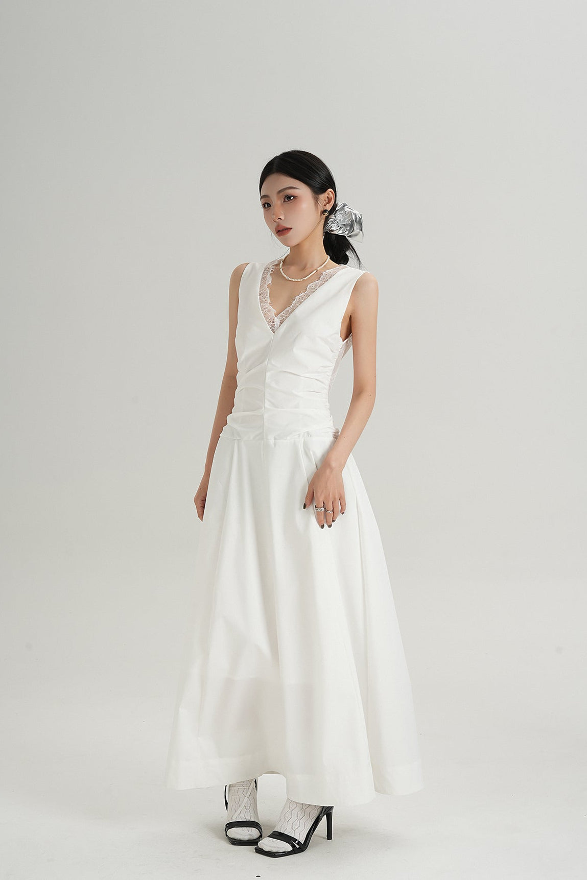 Sleeveless V-Neck Maxi Dress with Lace Back and Ruched Waist