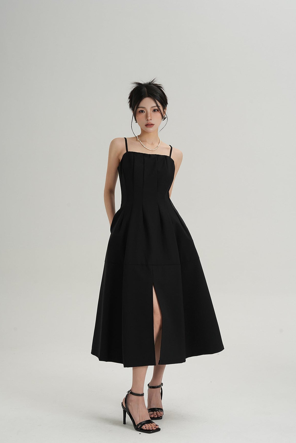 Pleated Spaghetti Strap Midi Dress with Front Slit