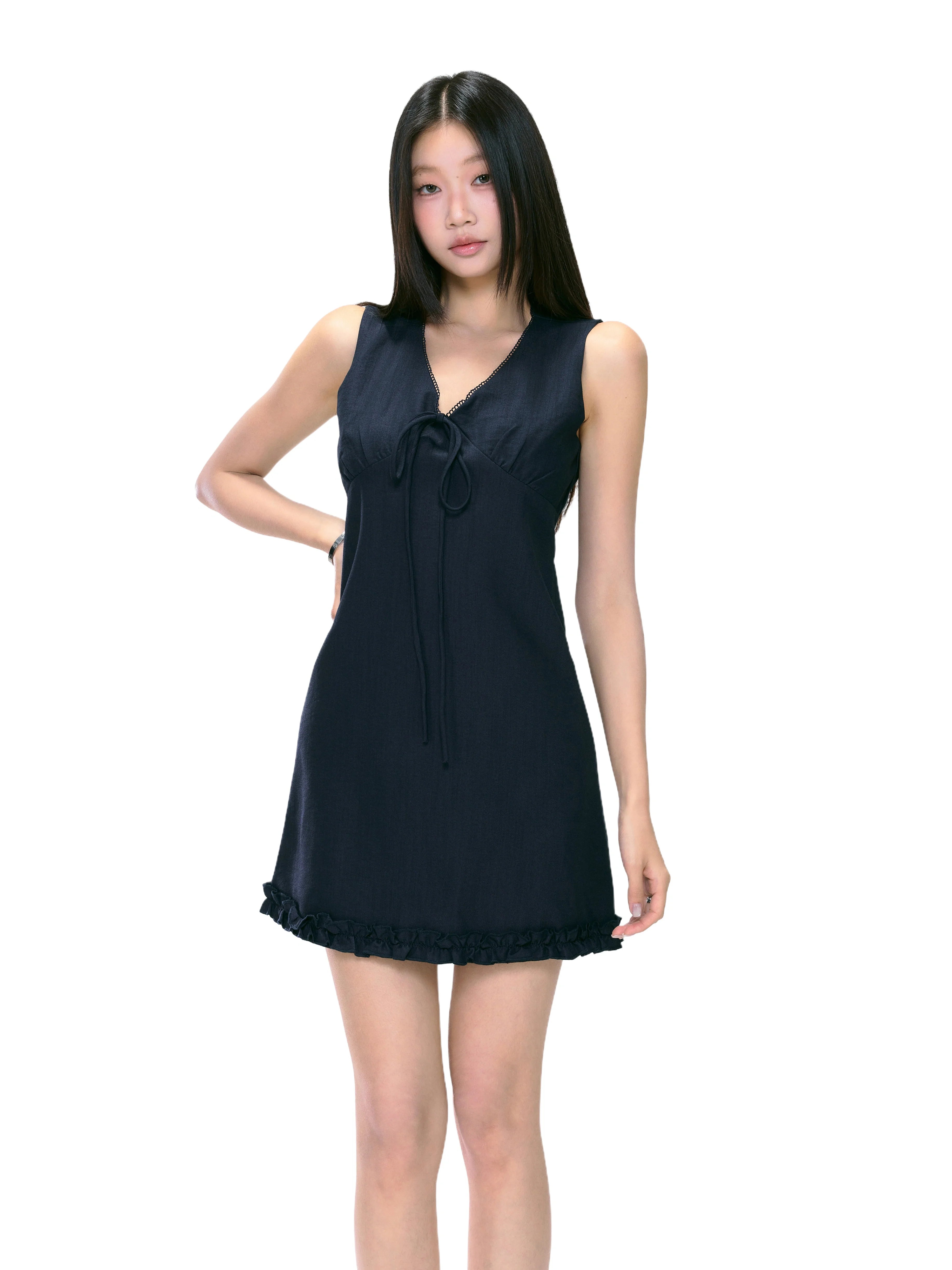 Sleeveless V-Neck Tie Ruffle Hem Mini Dress