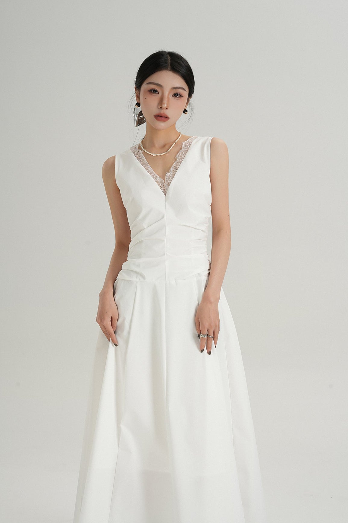 Sleeveless V-Neck Maxi Dress with Lace Back and Ruched Waist