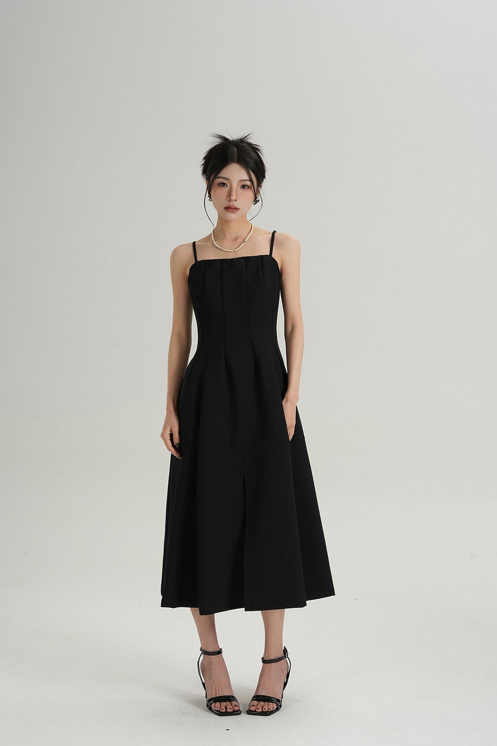 Pleated Spaghetti Strap Midi Dress with Front Slit