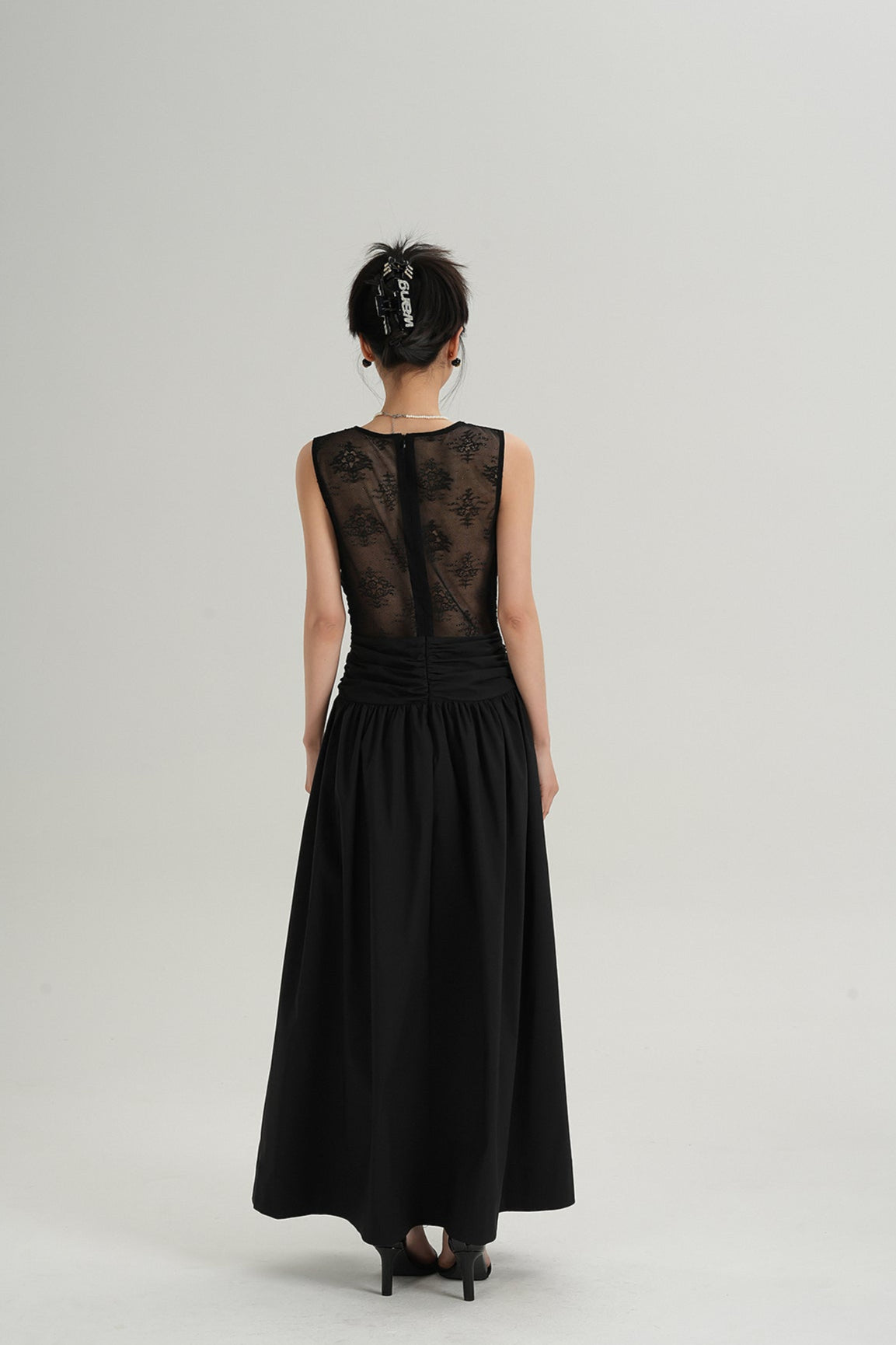 Sleeveless V-Neck Maxi Dress with Lace Back and Ruched Waist