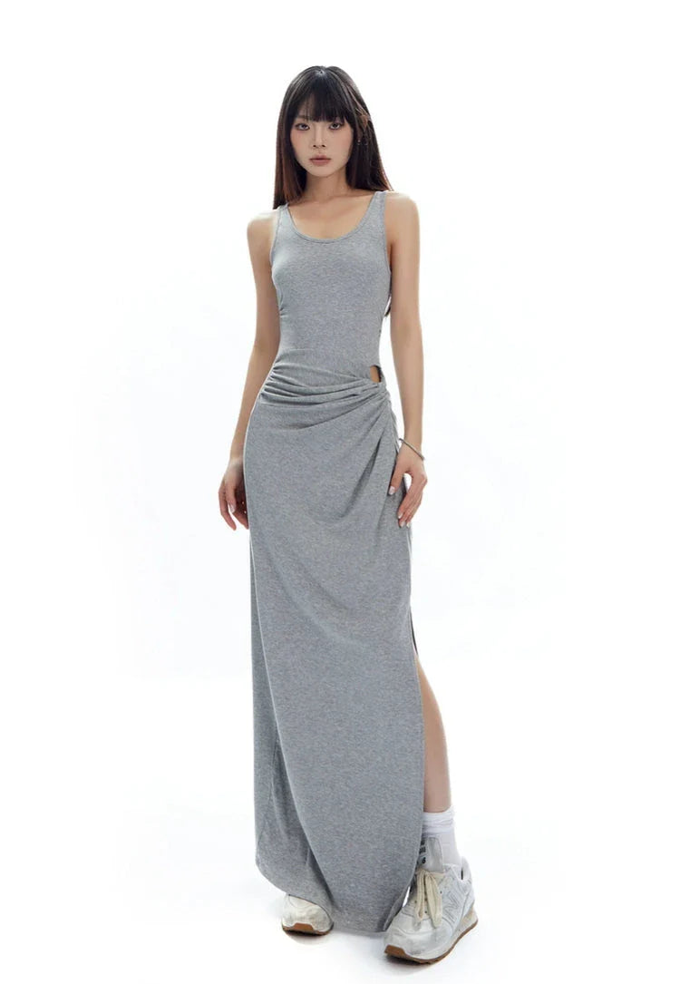 Sleeveless Scoop Neck Maxi Dress with Side Slit and Cut-Out Detail