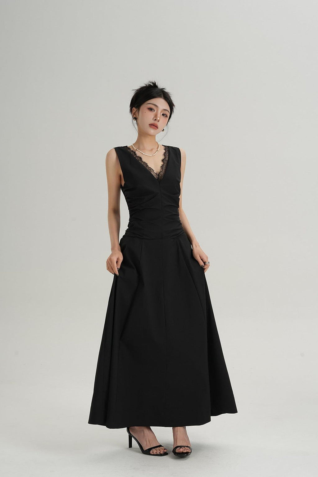 Sleeveless V-Neck Maxi Dress with Lace Back and Ruched Waist