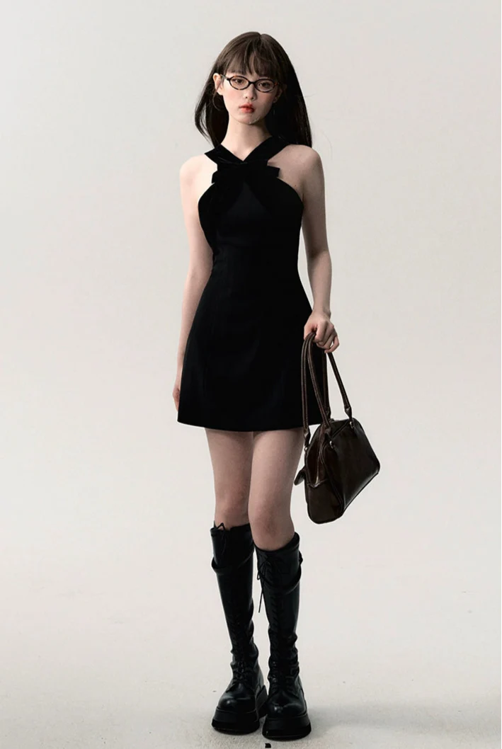 Sleeveless Mini Dress with Velvet Crisscross Neckline and Bow Detail