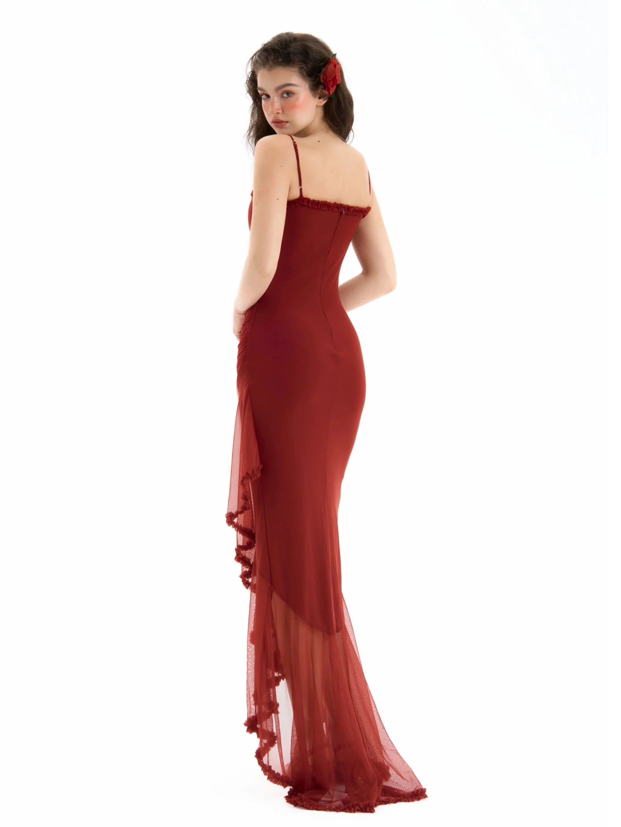 Ruched Mesh Asymmetric Hem Adjustable Strap Maxi Dress