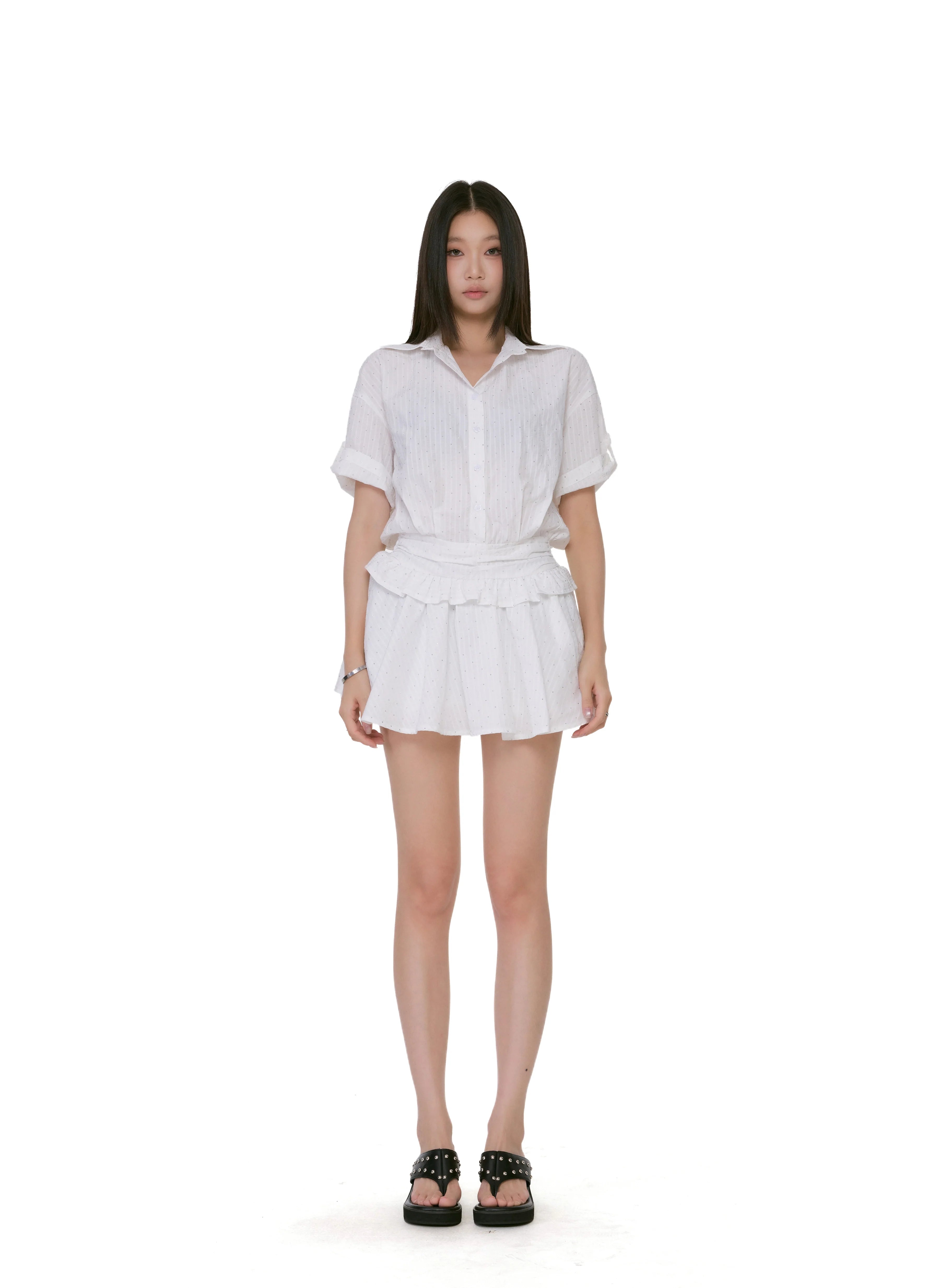 Textured Button-Up Mini Dress Shirt With Ruffle Trim