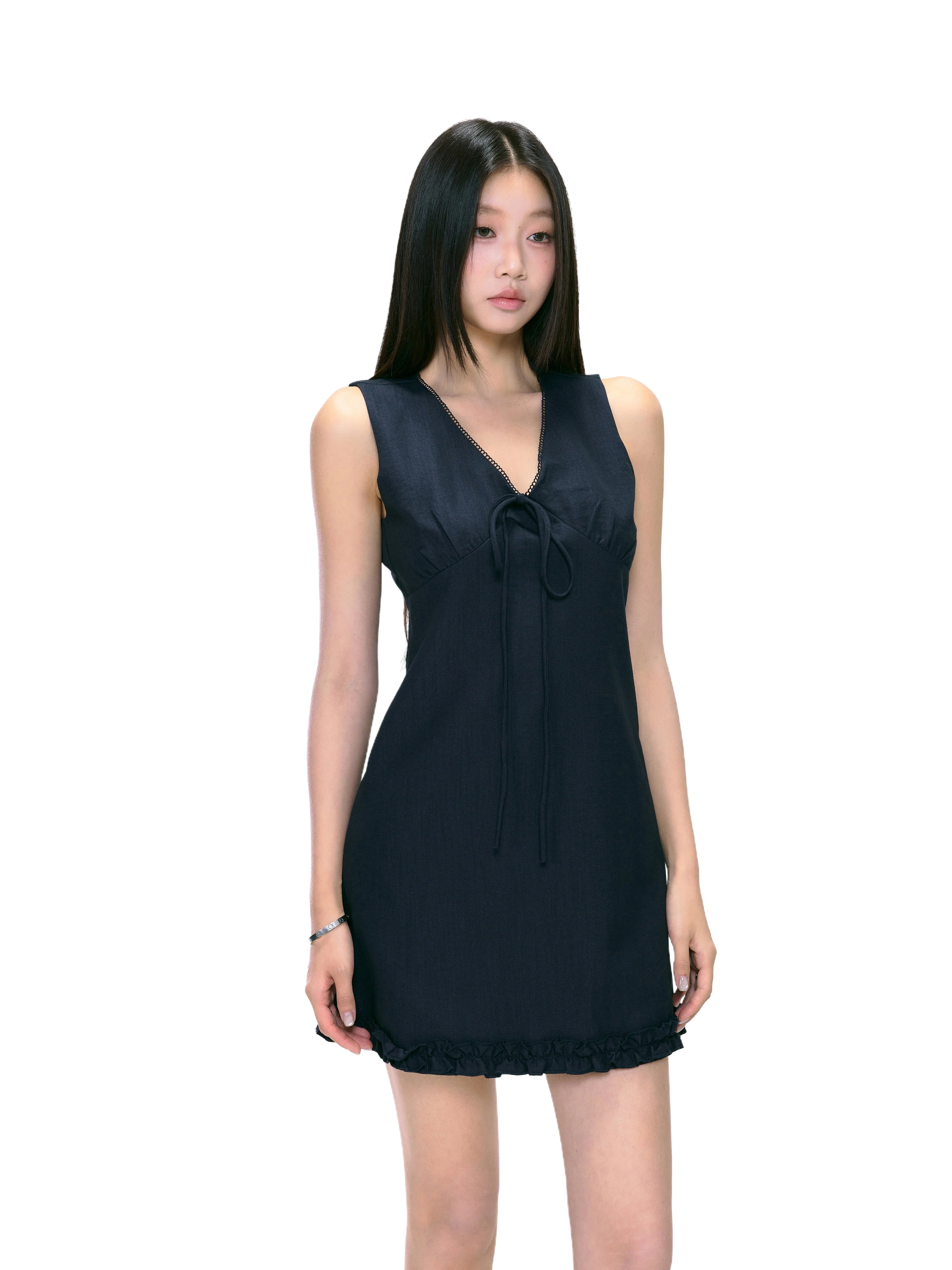 Sleeveless V-Neck Tie Ruffle Hem Mini Dress