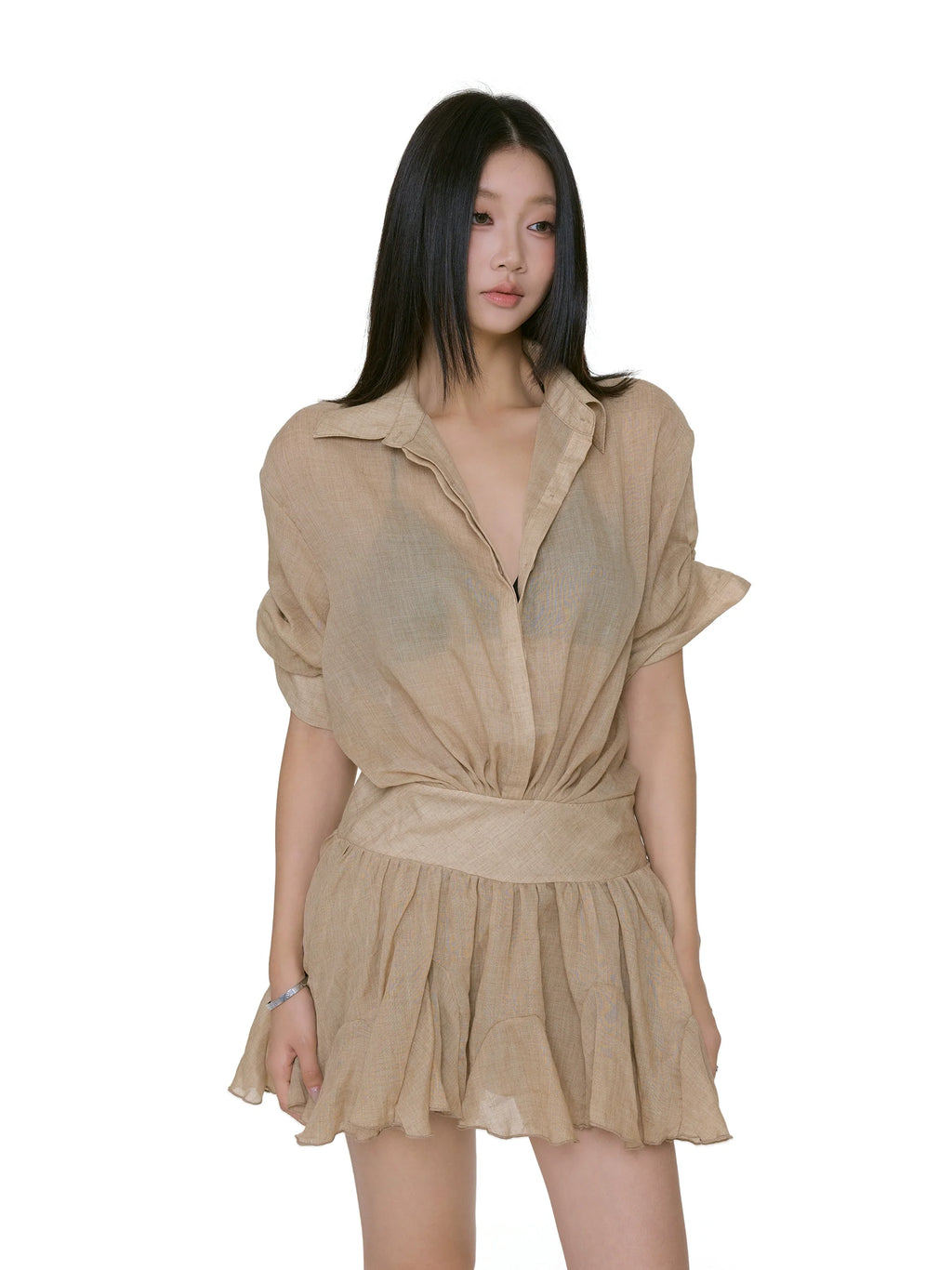 Collared Mini Shirt Dress with Gathered Waist and Flared Hem