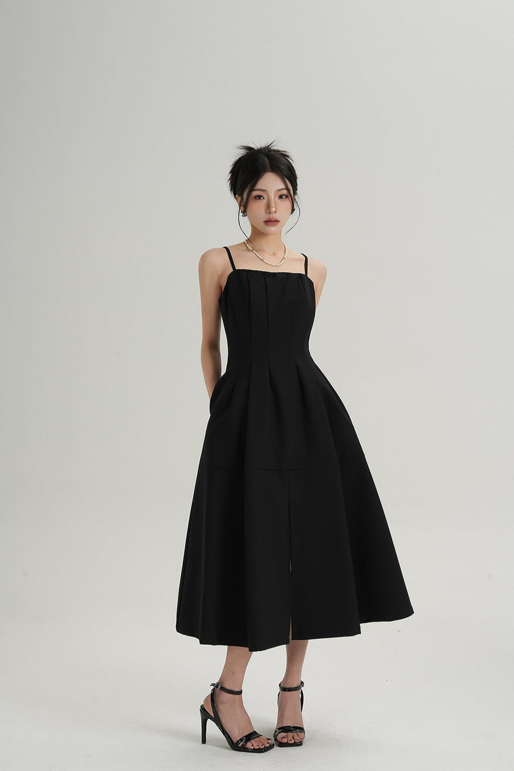 Pleated Spaghetti Strap Midi Dress with Front Slit