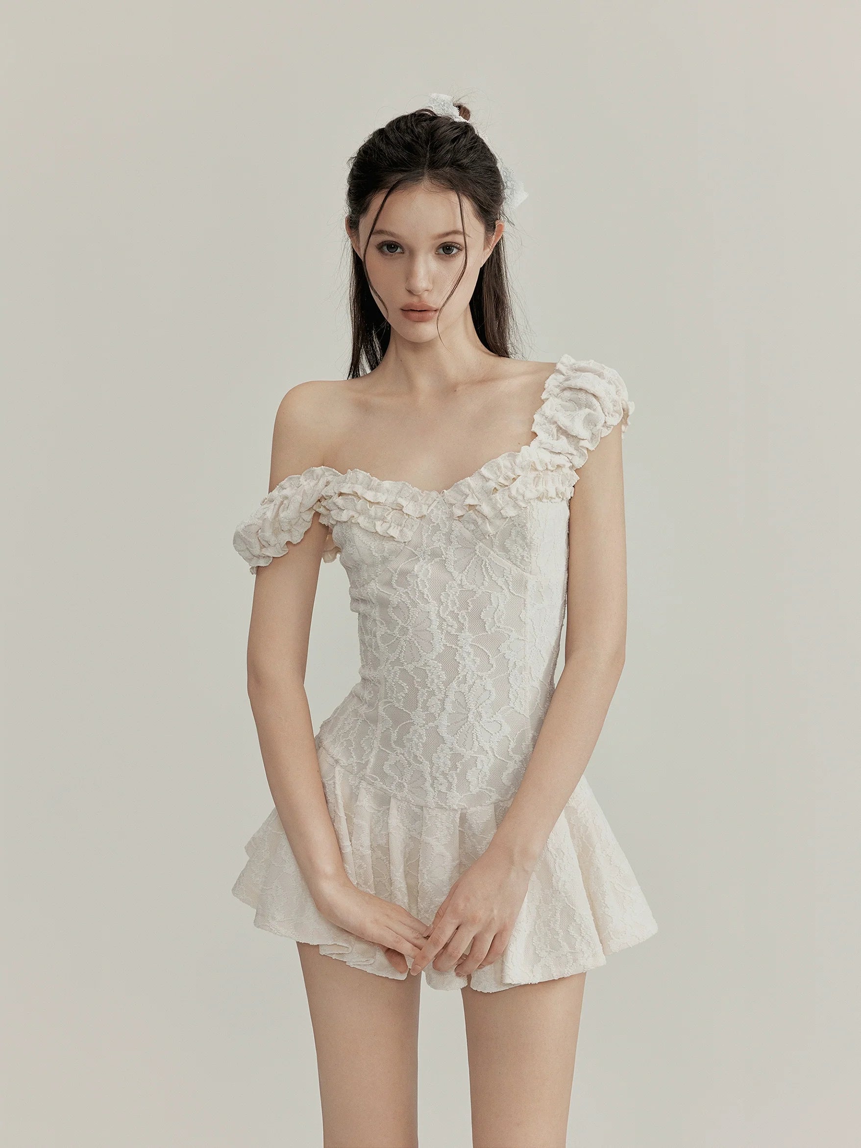 Ruffle Lace Off Shoulder Pleated Mini Dress