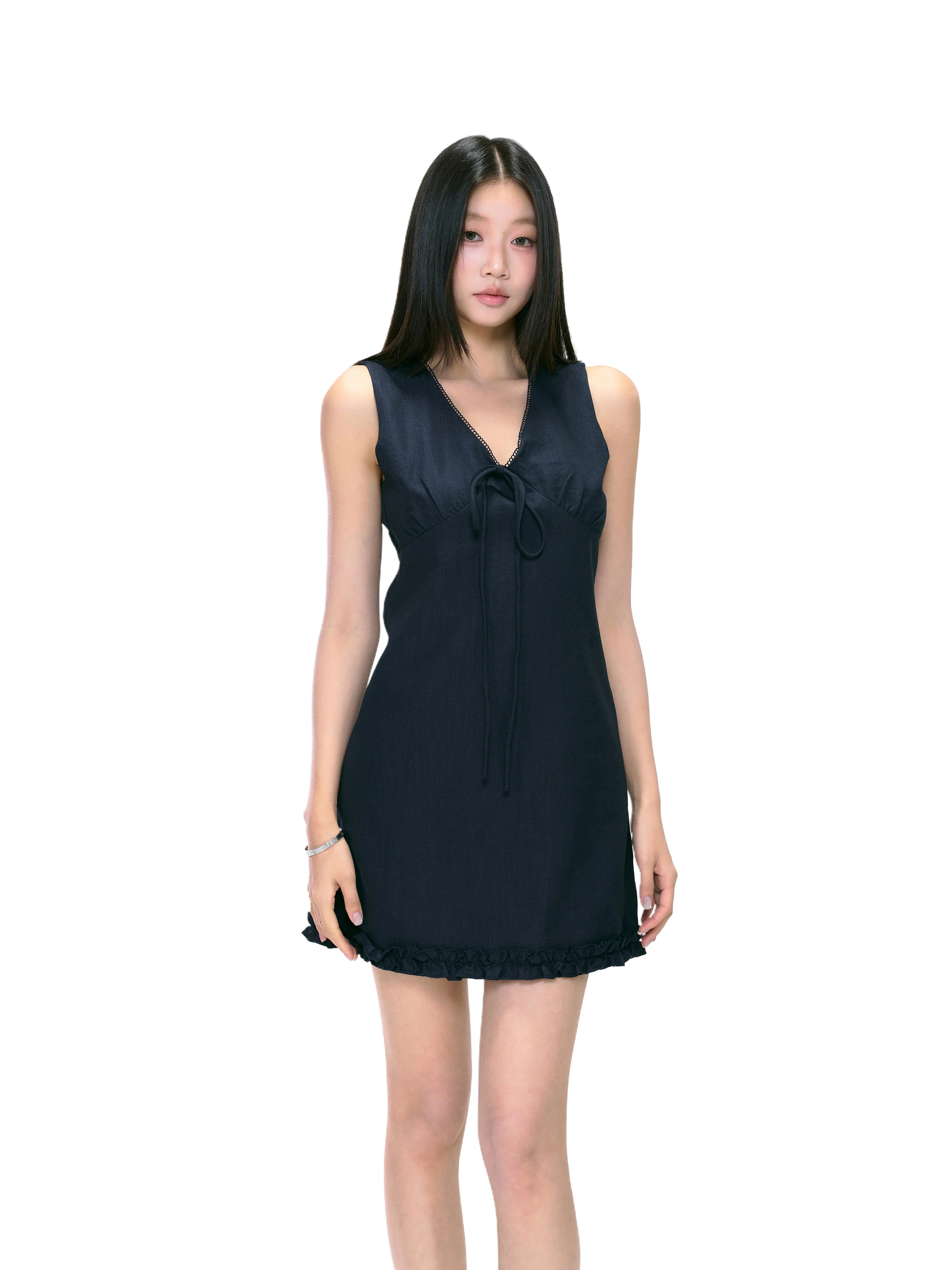 Sleeveless V-Neck Tie Ruffle Hem Mini Dress