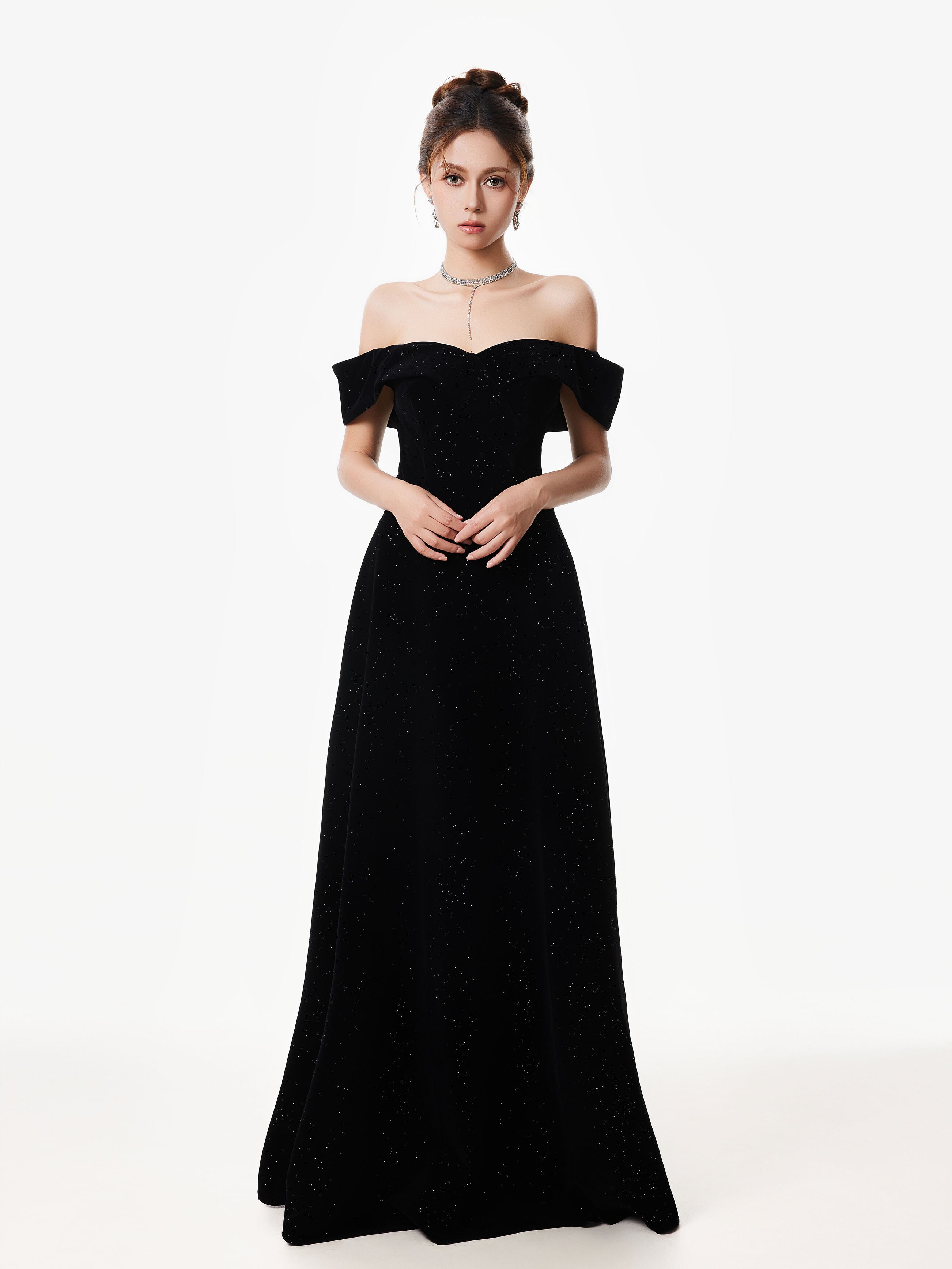 Off-Shoulder Velvet Sparkle Evening Dress with Sequin Detail