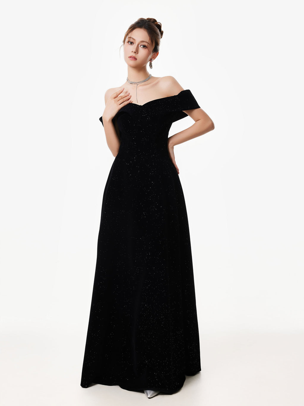 Off-Shoulder Velvet Sparkle Evening Dress with Sequin Detail
