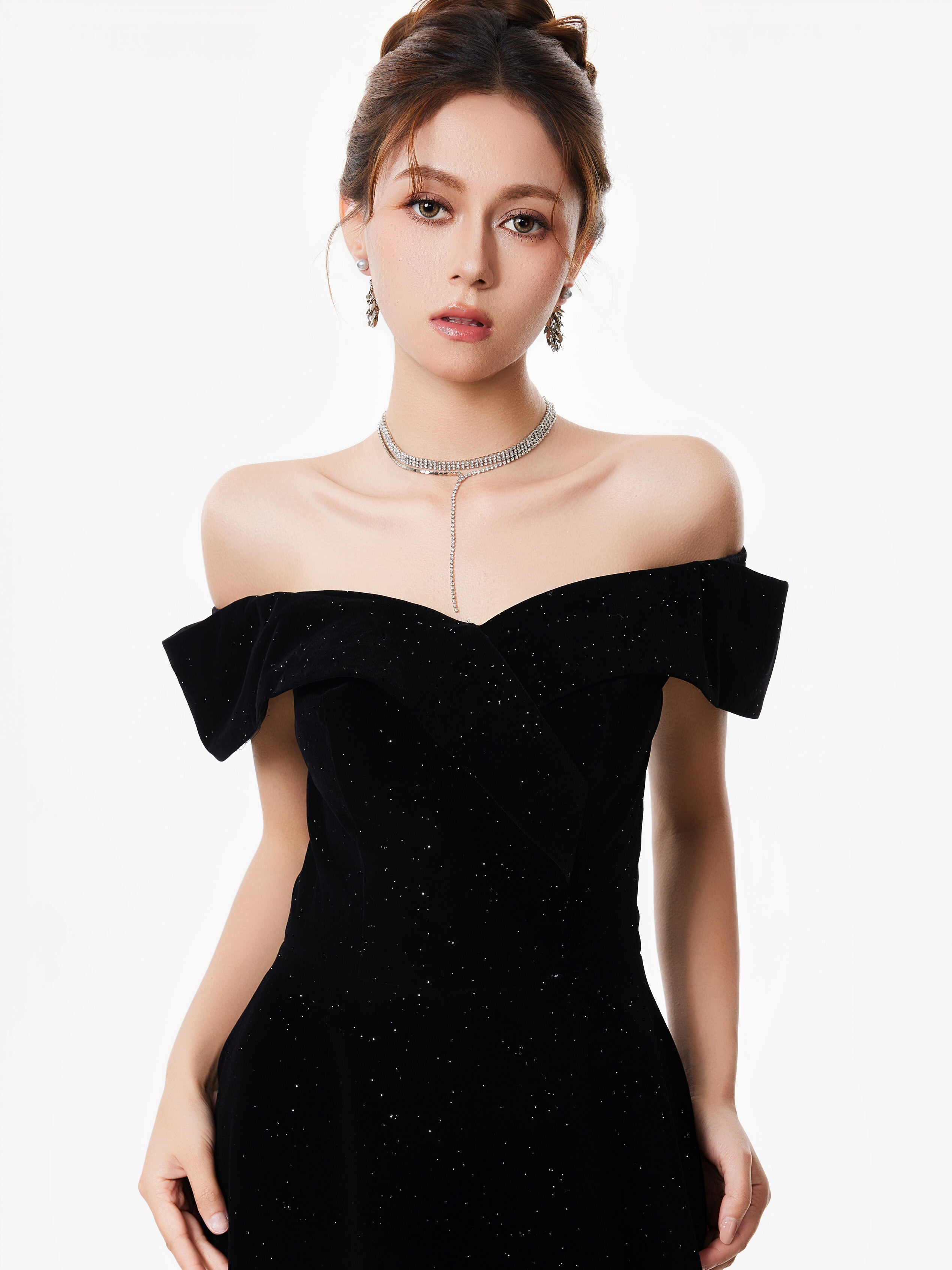 Off-Shoulder Velvet Sparkle Evening Dress with Sequin Detail