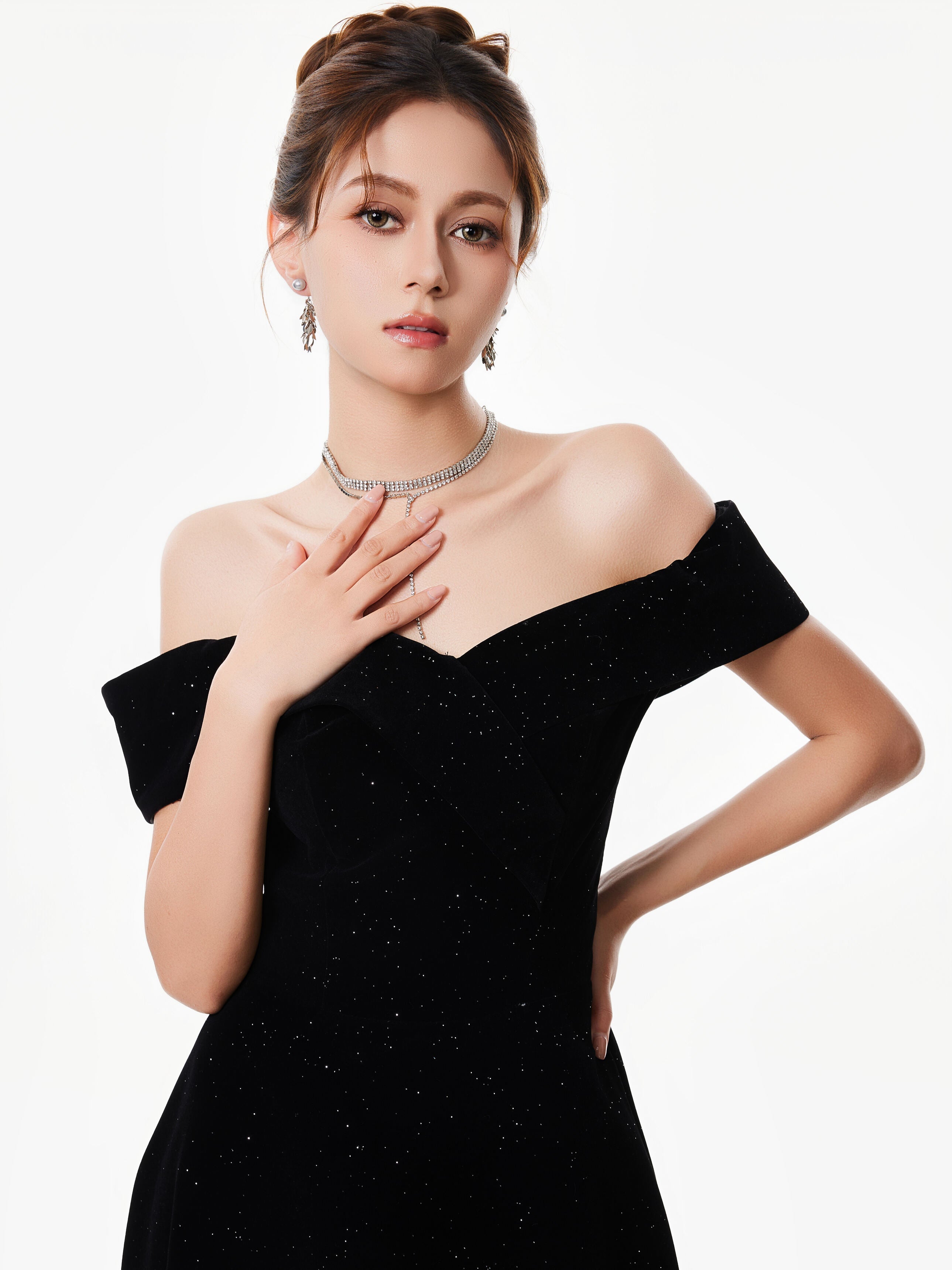 Off-Shoulder Velvet Sparkle Evening Dress with Sequin Detail