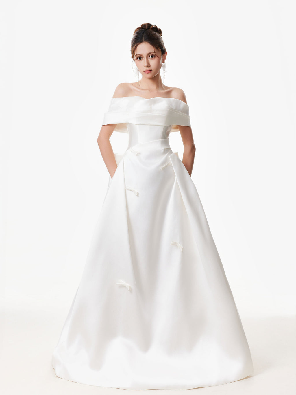Off Shoulder Satin Gown with Draped Bodice and Bow Accents