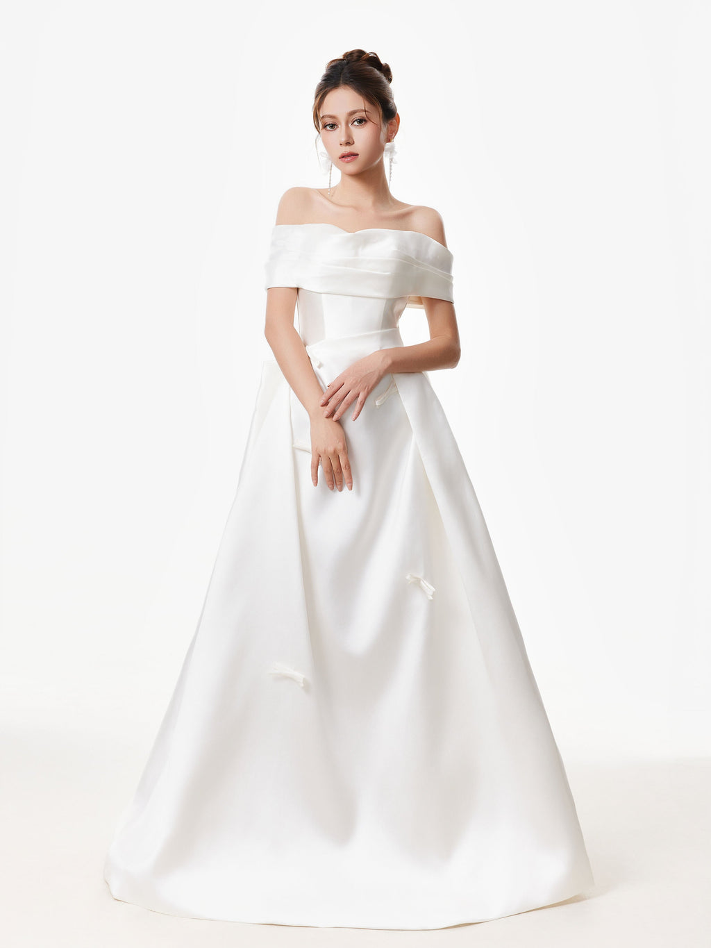 Off Shoulder Satin Gown with Draped Bodice and Bow Accents