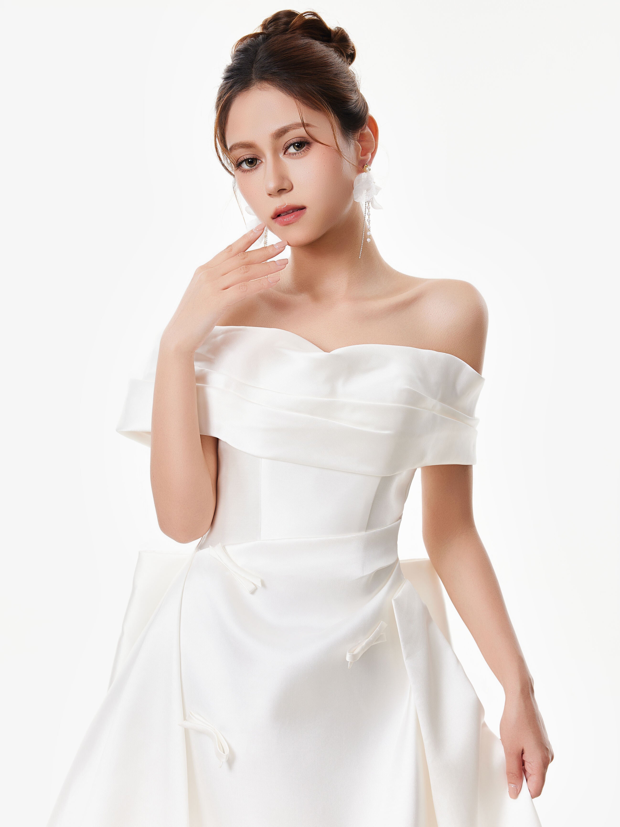 Off Shoulder Satin Gown with Draped Bodice and Bow Accents