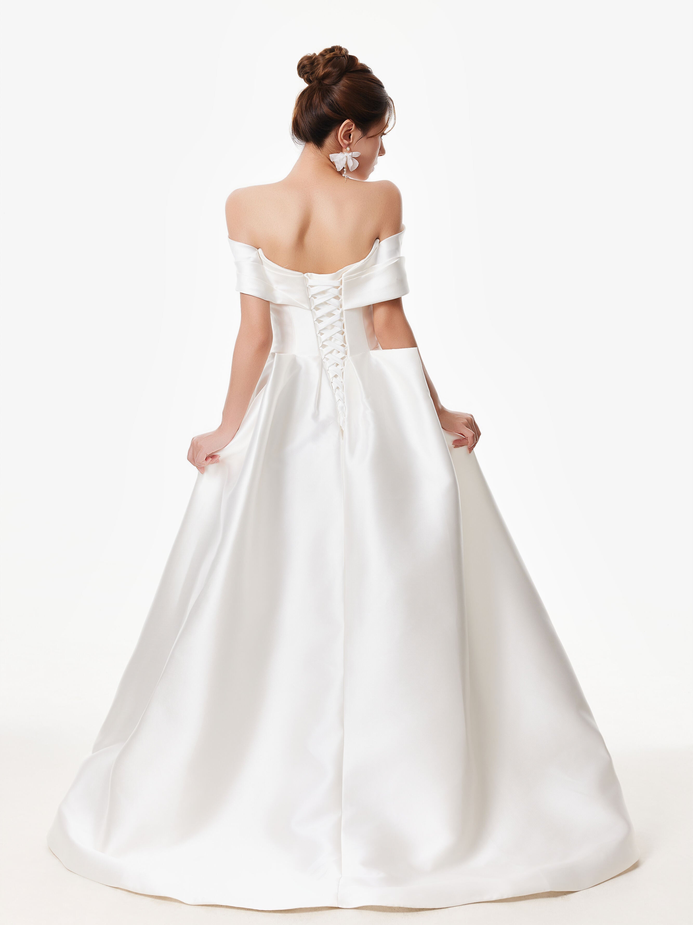 Off Shoulder Satin Gown with Draped Bodice and Bow Accents