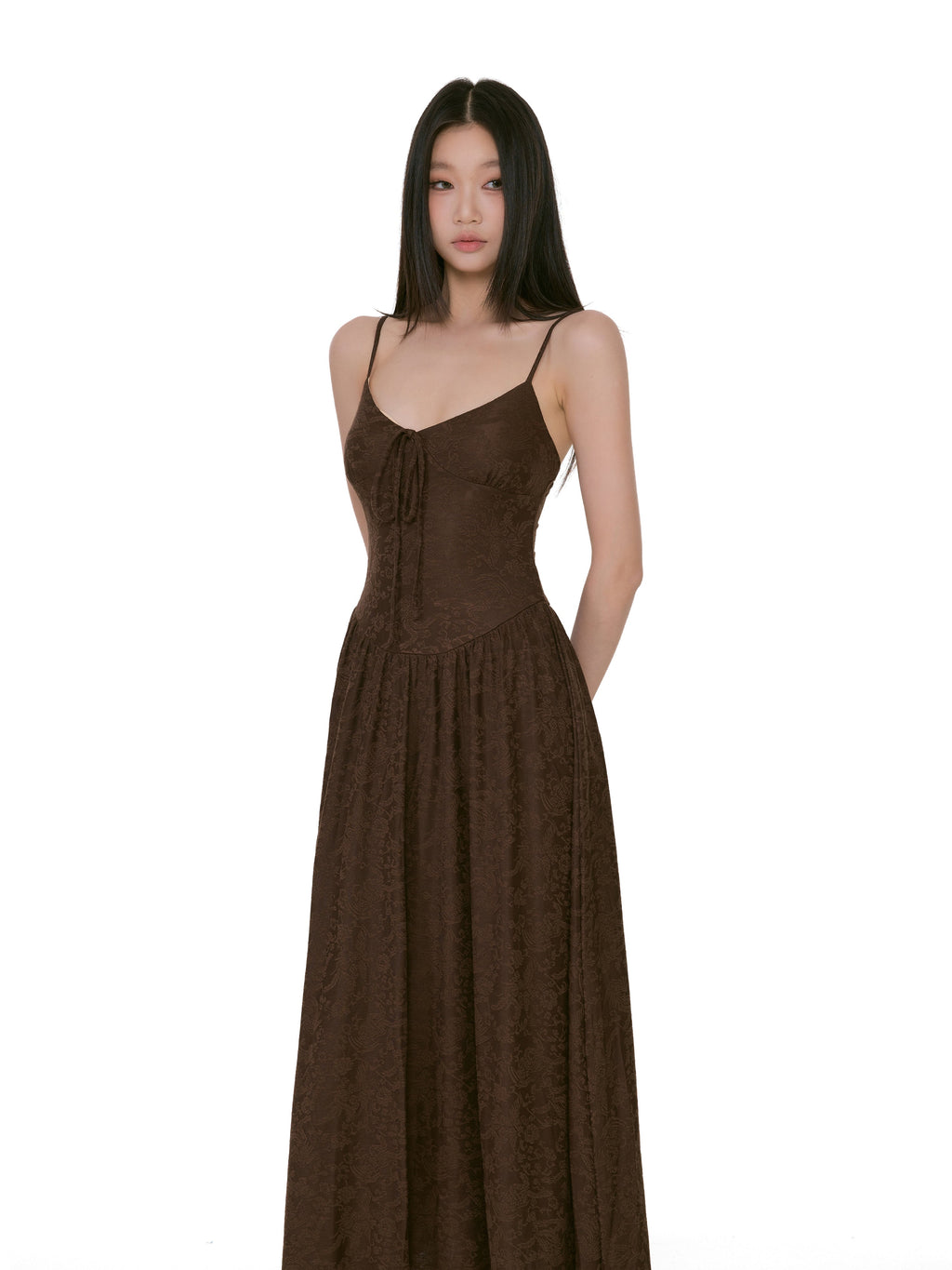 Textured Floral Pattern Spaghetti Strap Maxi Dress with Tie Front