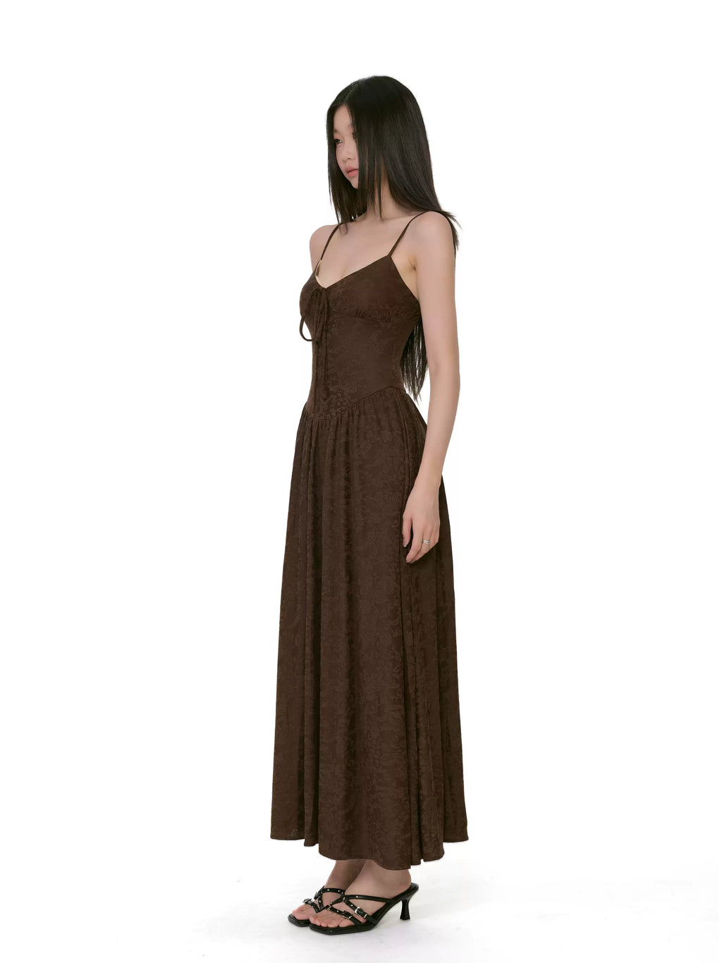 Textured Floral Pattern Spaghetti Strap Maxi Dress with Tie Front