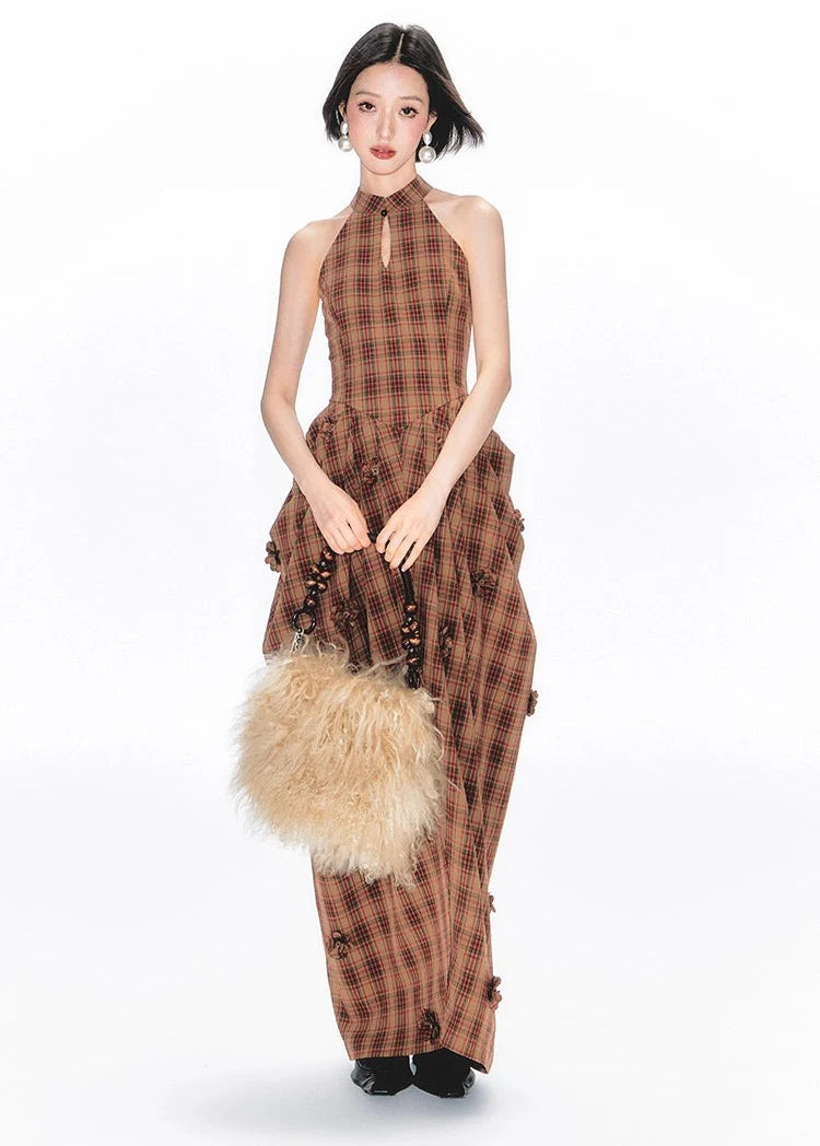 Halter Neck Plaid Maxi Dress with Ruched Details