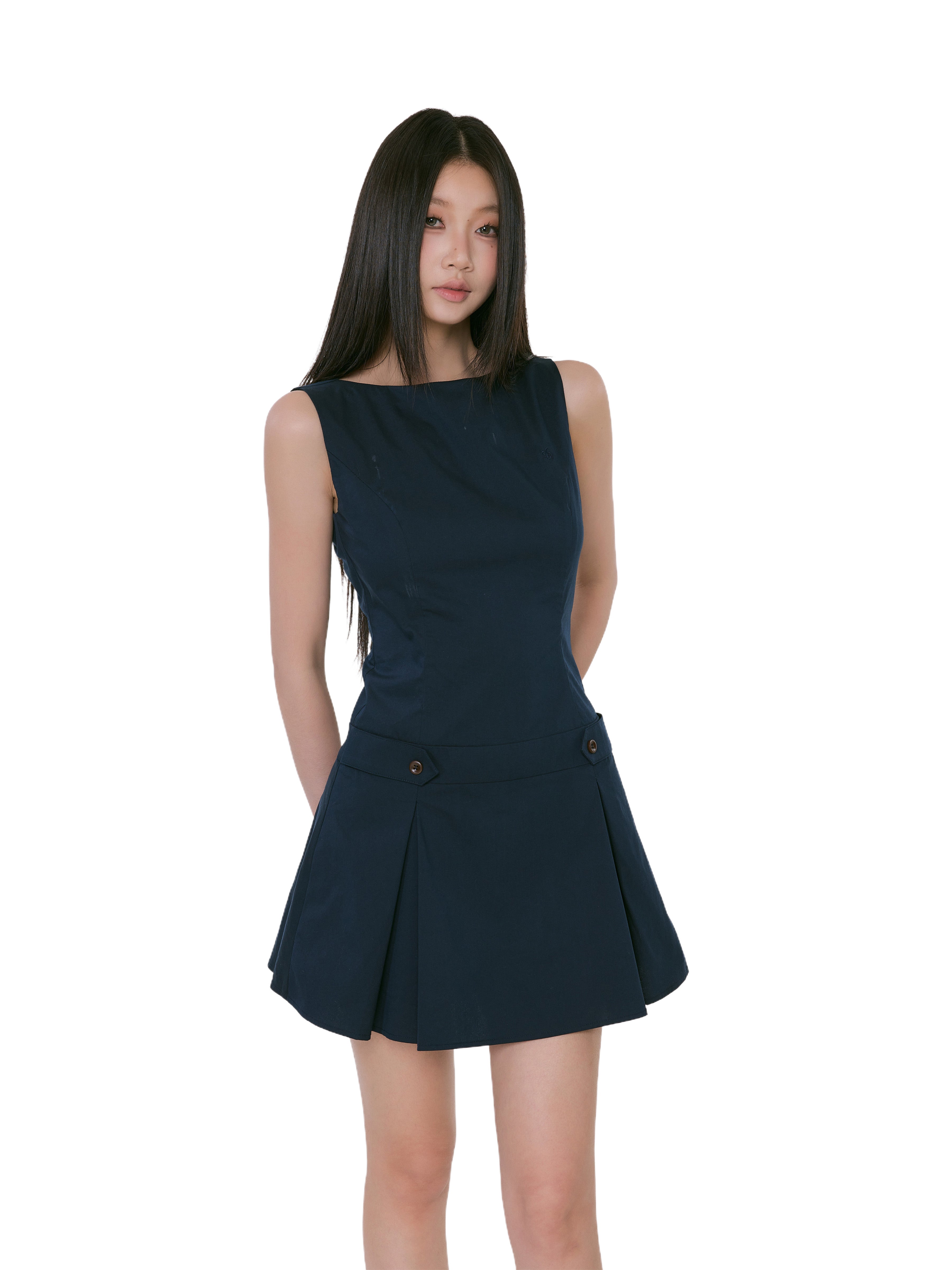 Sleeveless Pleated Mini Dress with Button Detail