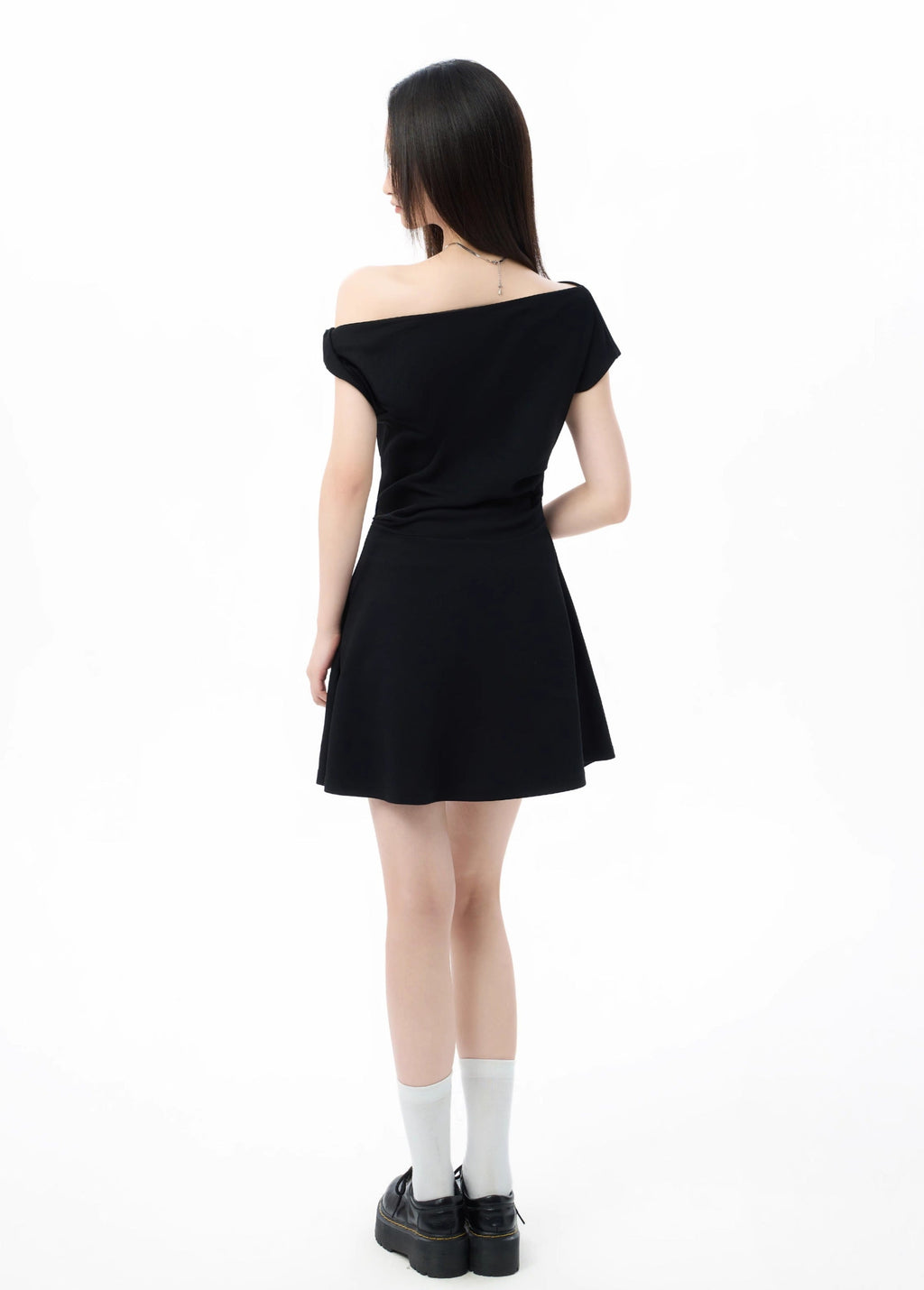 Asymmetric Off Shoulder Short Sleeve Flared Hem Mini Dress