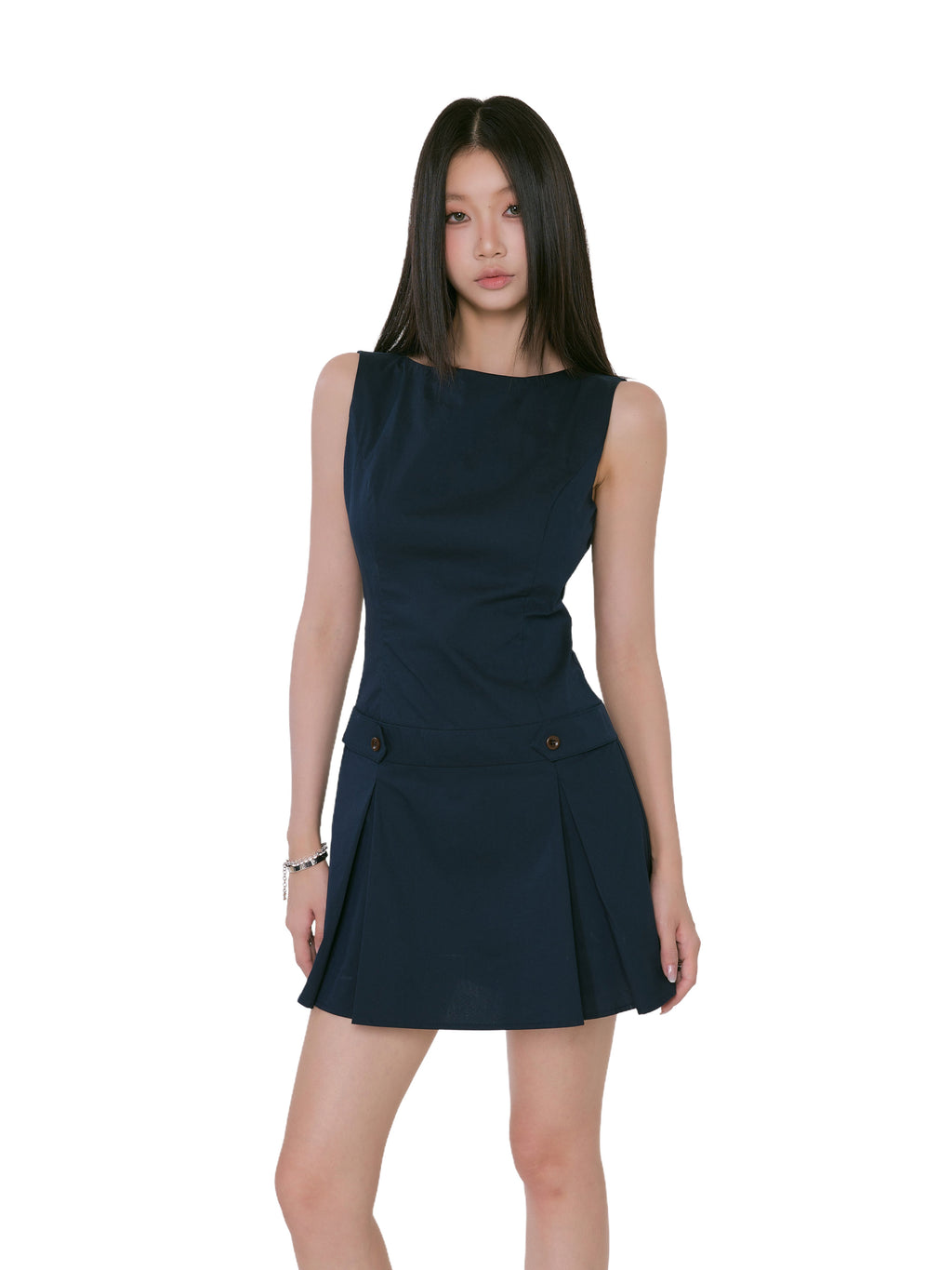 Sleeveless Pleated Mini Dress with Button Detail