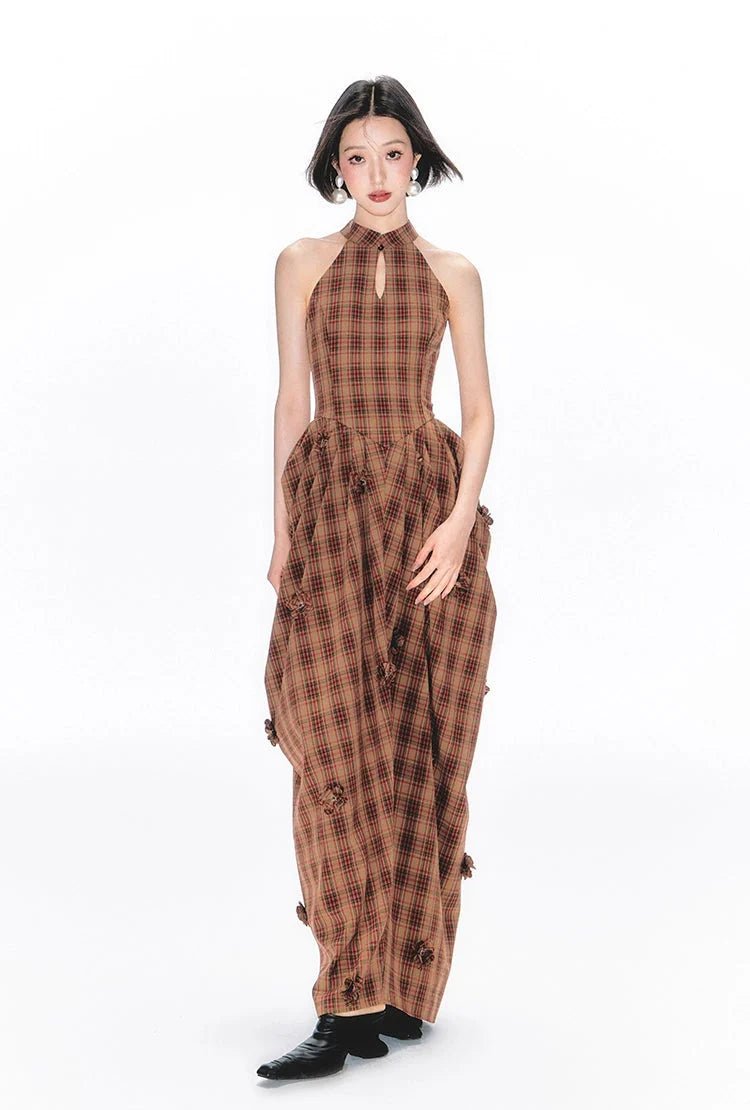 Halter Neck Plaid Maxi Dress with Ruched Details