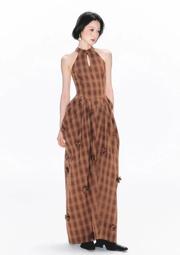 Halter Neck Plaid Maxi Dress with Ruched Details