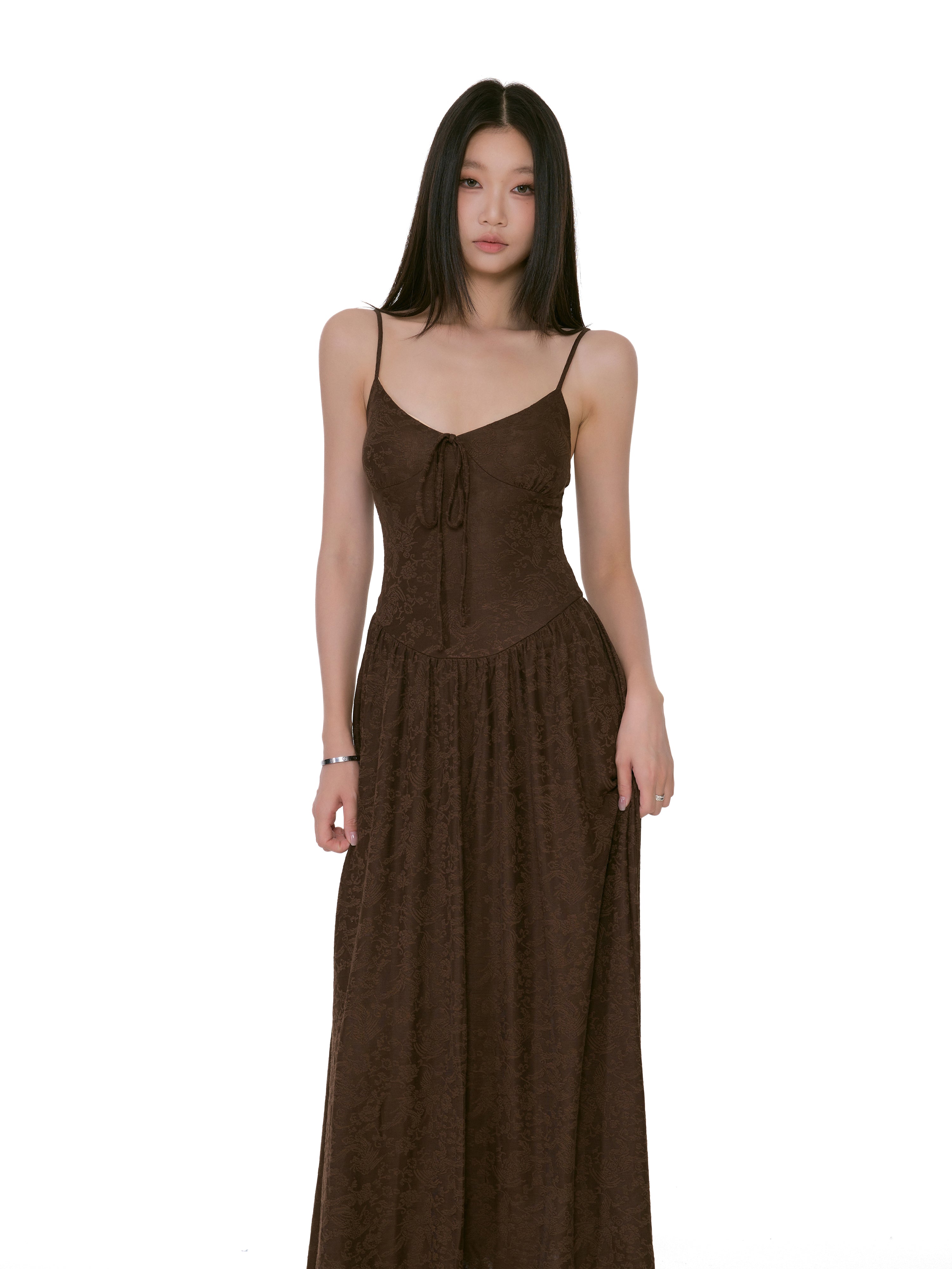 Textured Floral Pattern Spaghetti Strap Maxi Dress with Tie Front