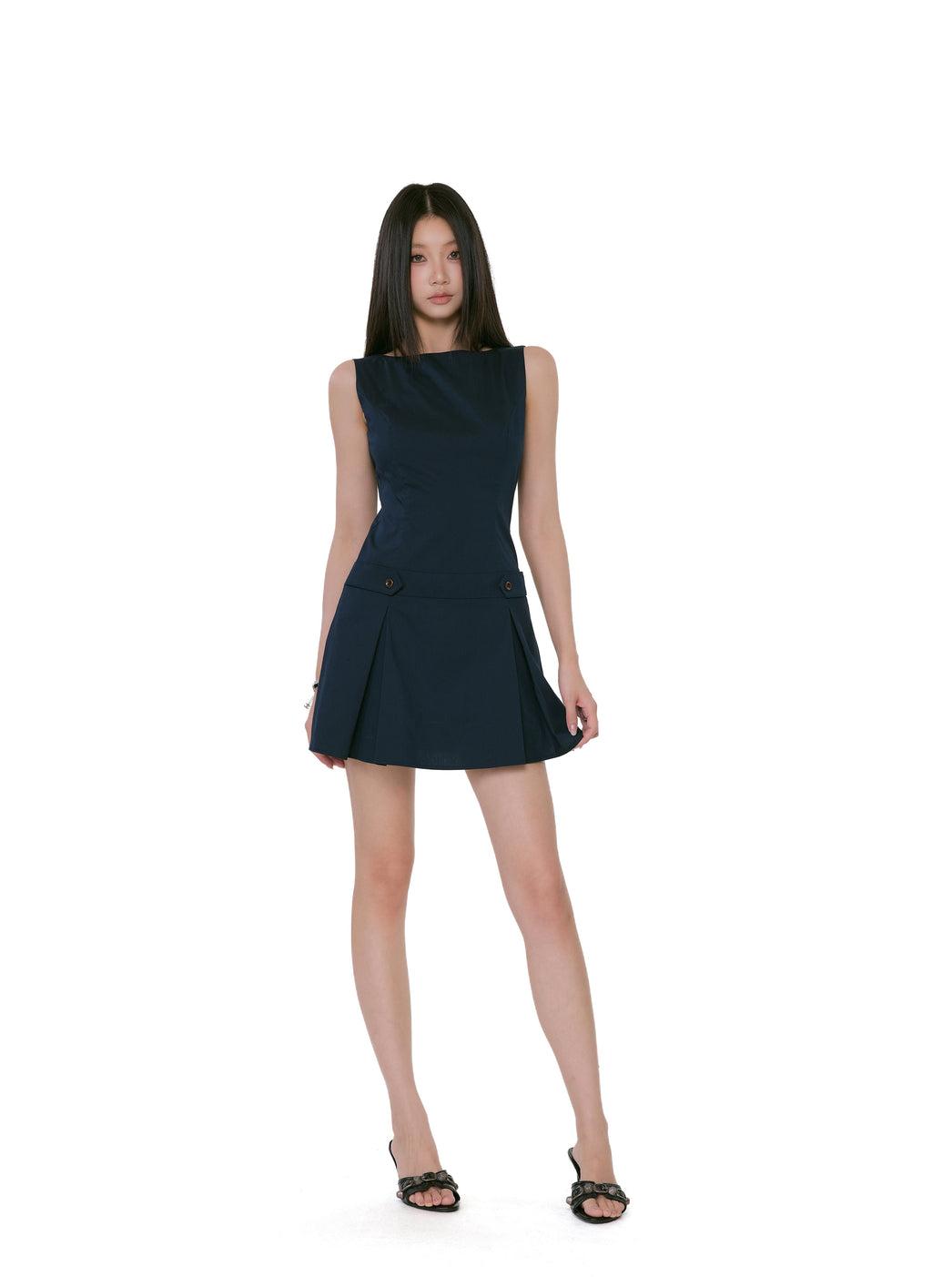 Sleeveless Pleated Mini Dress with Button Detail