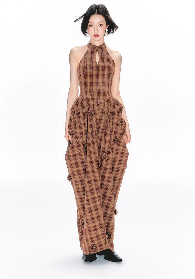 Halter Neck Plaid Maxi Dress with Ruched Details