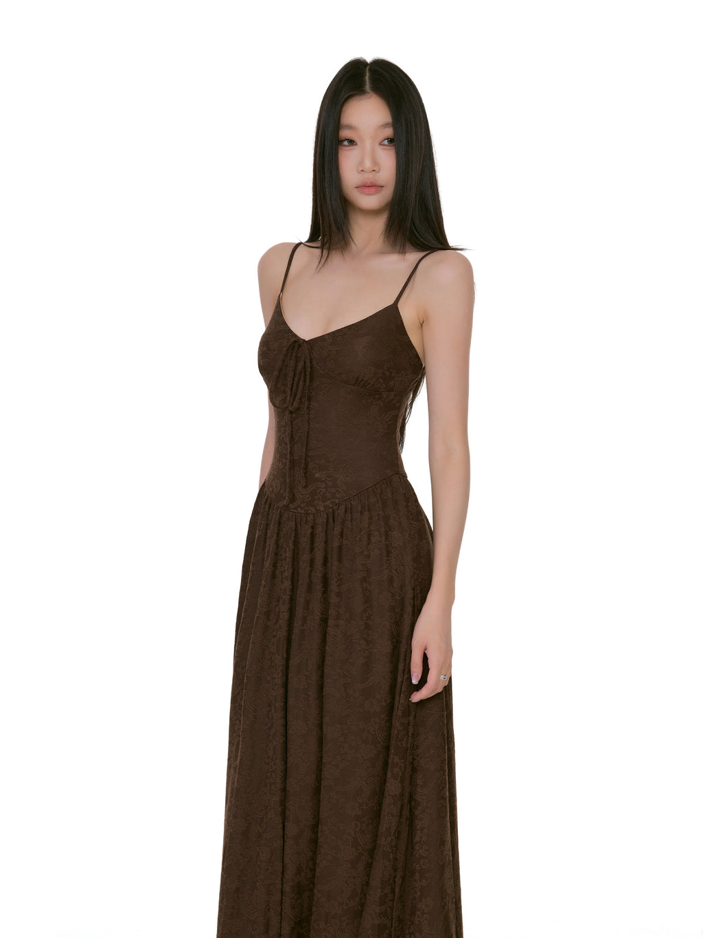 Textured Floral Pattern Spaghetti Strap Maxi Dress with Tie Front