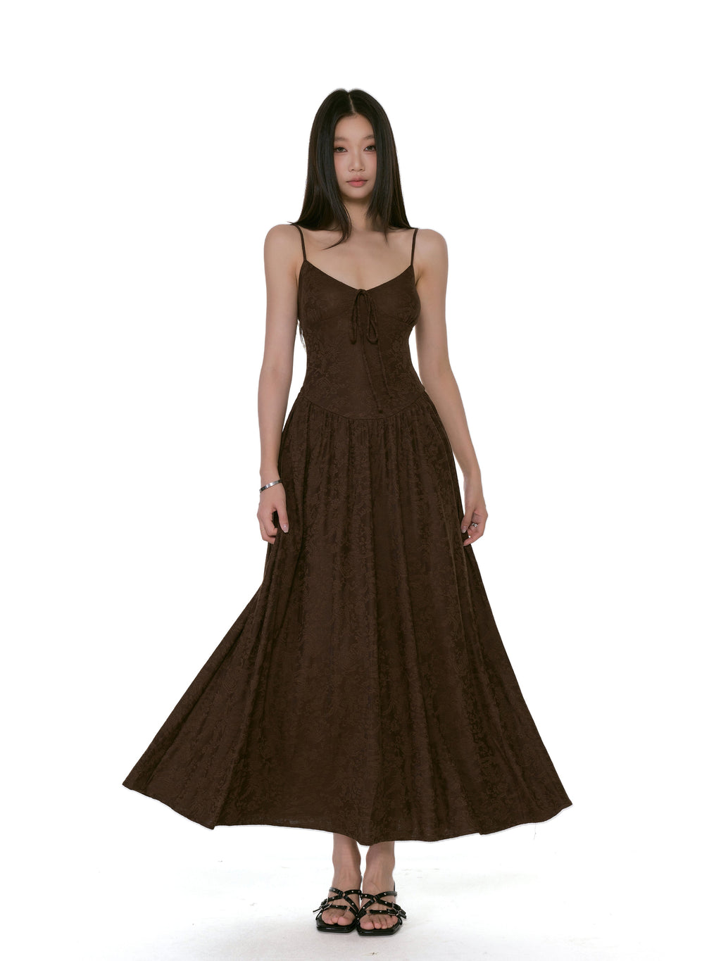 Textured Floral Pattern Spaghetti Strap Maxi Dress with Tie Front